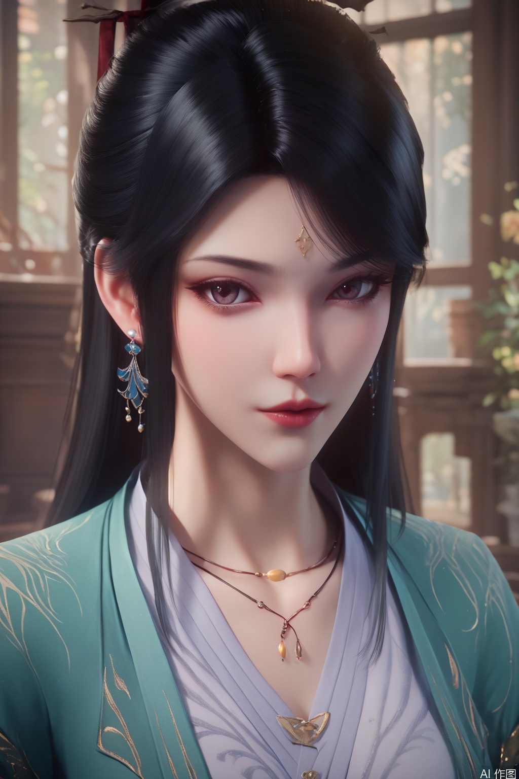 score_9_up,score_8_up,score_7_up,(Masterpiece, Best Quality, High Resolution, 8K Raw),absurdres, highres, Expressiveh,illustration,CG,
1girl, solo, looking at viewer,long hair, black hair, jewelry, closed mouth, upper body, earrings, necklace