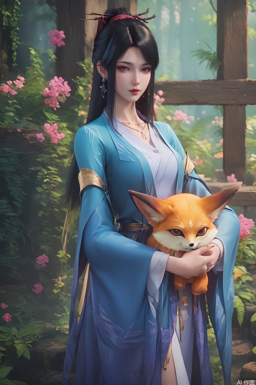 score_9_up,score_8_up,score_7_up,(Masterpiece, Best Quality, High Resolution, 8K Raw),absurdres, highres, Expressiveh,illustration,CG,
1girl, solo, long hair, looking at viewer, black hair, hair ornament, long sleeves, dress, holding, jewelry, standing, full body, flower, earrings, wide sleeves, necklace, blue dress, animal, plant, holding animal, fox
