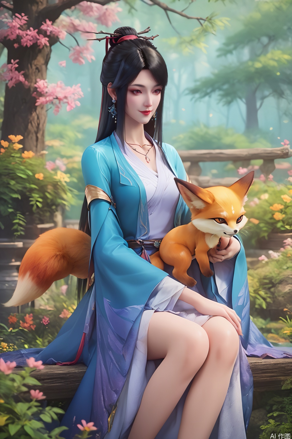score_9_up,score_8_up,score_7_up,(Masterpiece, Best Quality, High Resolution, 8K Raw),absurdres, highres, Expressiveh,illustration,CG,
1girl, solo, long hair, smile, black hair, hair ornament, dress, holding, jewelry, sitting, flower, earrings, outdoors, wide sleeves, necklace, hair bun, tree, bare legs, animal, holding animal, fox
