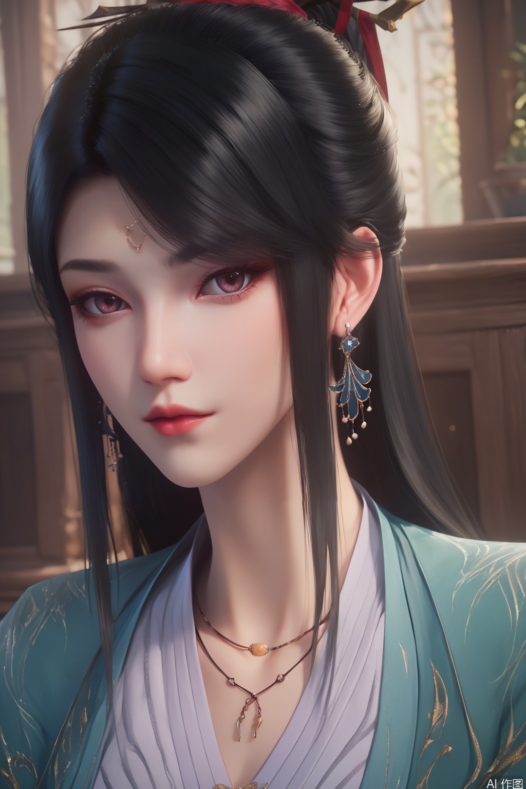 score_9_up,score_8_up,score_7_up,(Masterpiece, Best Quality, High Resolution, 8K Raw),absurdres, highres, Expressiveh,illustration,CG,
1girl, solo, looking at viewer,long hair, black hair, jewelry, closed mouth, upper body, earrings, necklace