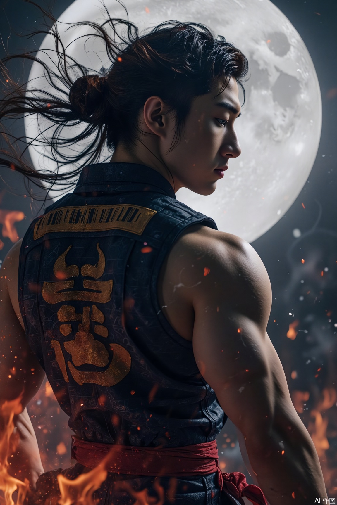 A muscular man in traditional samurai attire, depicted as a combat silhouette with silver highlight strokes. The clash of the cold moonlight and warm red flames creates a dramatic scene, evoking a story of intense battle and unwavering conviction..jzns,wak,double-exposure