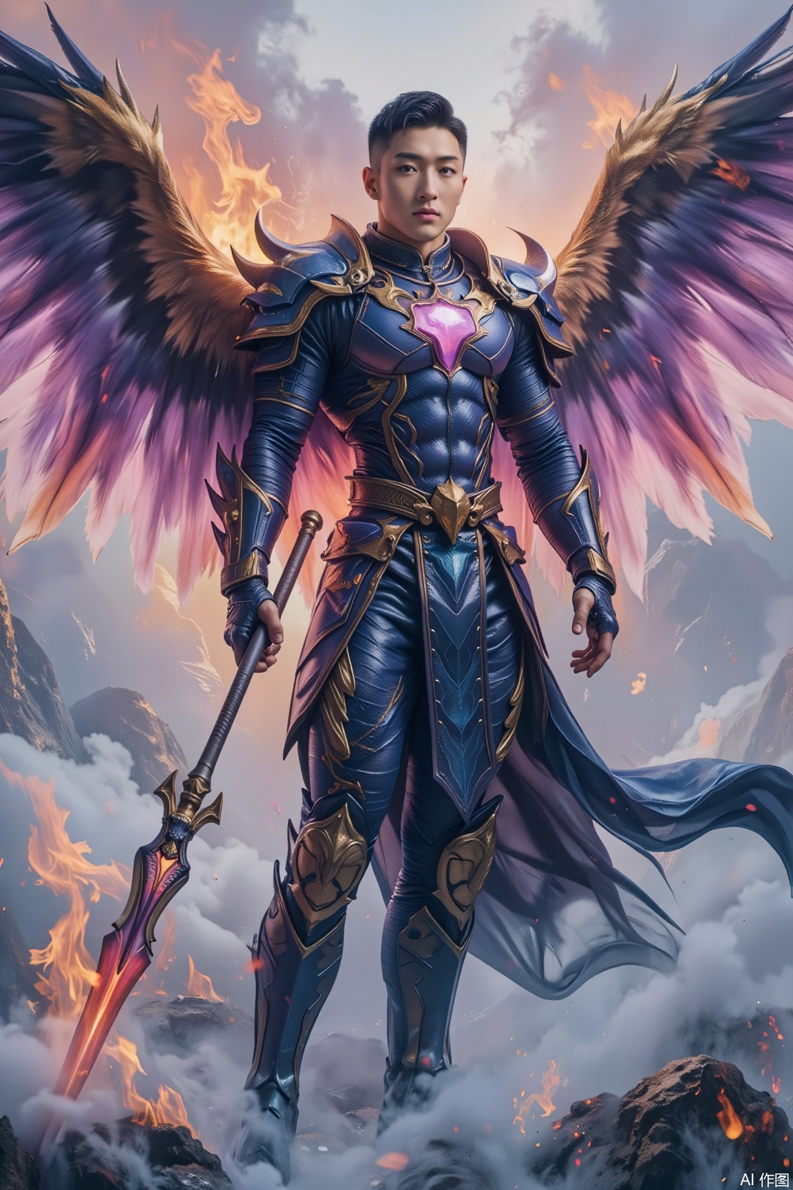 A muscular celestial warrior clad in Azure Phoenix glazed armor, with a flowing light that gradually changes from peacock blue to cherry pink. Behind him unfold hundred-meter-long golden wings, with pale purple flames burning at the edges. The pink-purple sunset glow in the sky contrasts with the peacock blue armor, and the long spear in his hand emits orange-red energy flames. The clouds beneath his feet glow with a blend of pearl white and mint green, singing a glorious battle hymn of safeguarding the celestial realm...jzns,wak,double-exposure,vivid color
