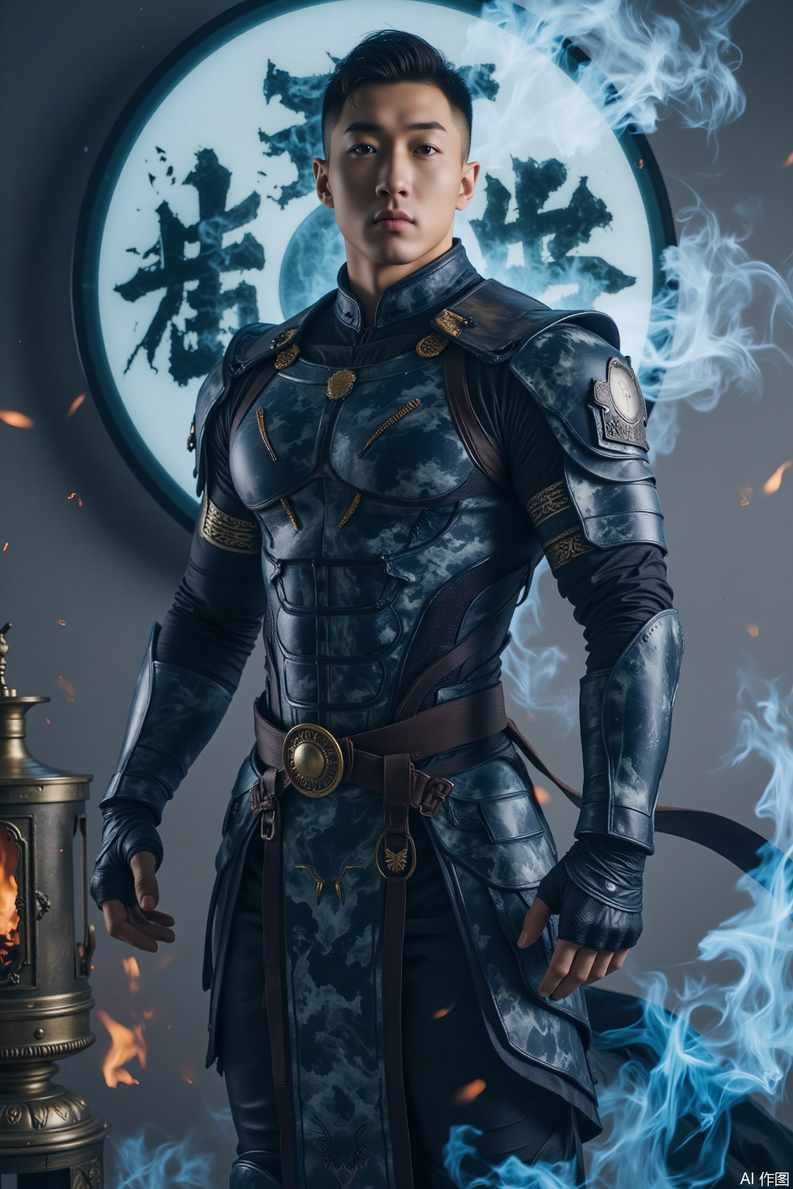 A muscular cultivator clad in black iron armor with cloud patterns, his armor shimmering with ink-like cyan light. Behind him floats a shattered Bagua star disk, and beneath his feet is a bronze alchemy furnace emitting blue flames. The collision of frigid ink-colored clouds and searing cinnabar flames depicts a stunning scene of a fallen immortal sect..jzns,wak,double-exposure