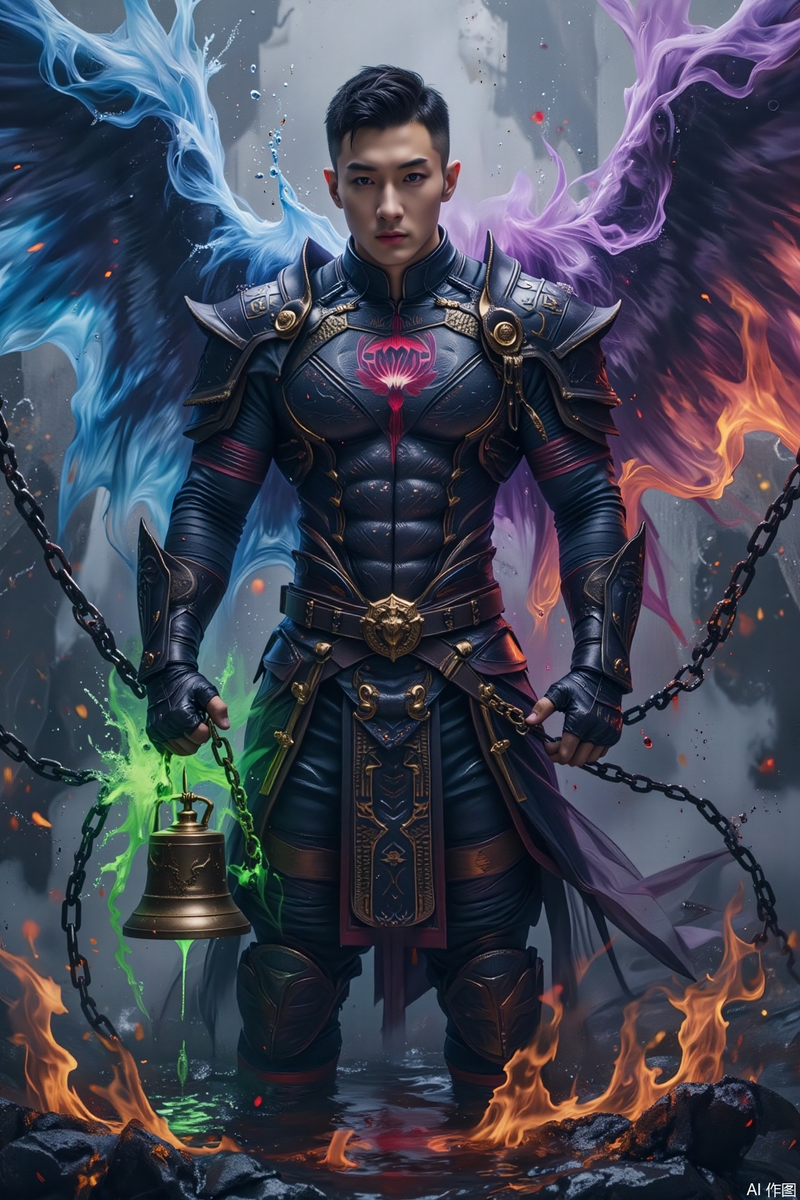A muscular warden clad in black jade armor with Taotie patterns, the surface of the armor flowing with the intertwined blue and purple light of runes. Behind him floats an Underworld roulette burning with crimson lotus flames, and the chains in his hands are wrapped around a bronze soul-locking bell emitting fluorescent green ghost fire. The frigid blue clashes sharply with the searing purple, and the boiling blood pool beneath his feet surges with dark golden bubbles, depicting a grim scene of suppressing the Nine Netherworlds..jzns,wak,double-exposure,vivid color