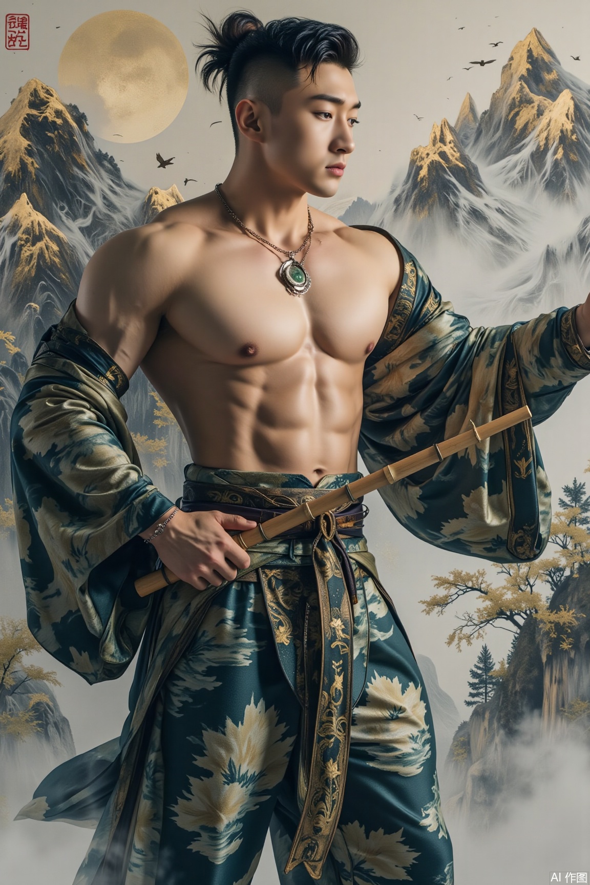 A muscular martial artist swathed in brocade with cloud-like patterns, his sleeves fluttering like splashed ink landscapes. A jade-inlaid bamboo flute hangs from his waist, and behind him unfolds a hundred-meter-long scroll of splashed-color mountain and river paintings. The interweaving of cold moonlight and the shimmering golden strokes within the scroll unfolds a chivalrous legend spanning the martial world...jzns,wak,double-exposure