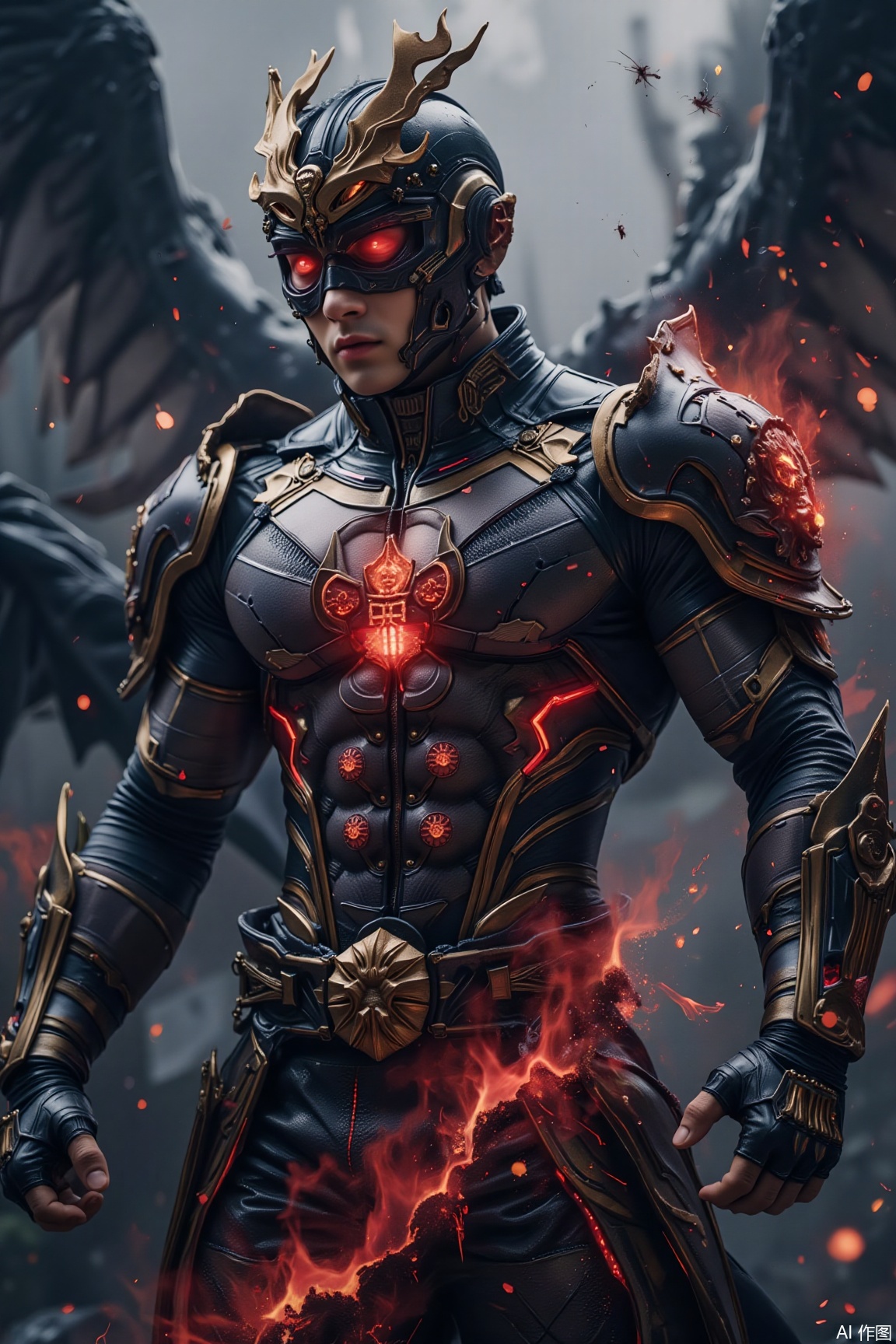A muscular future warrior in cyber Kirin armor, the metallic surface flowing with the crimson-golden glow of holographic seal characters. Behind him stands a Taiji teleportation array distorting space, while beneath his feet lies a liquid black crystal floating with neon fragments. The clash of cool techno-silver-blue and explosive Chinese red stages a futuristic battle blending ancient and modern elements..jzns,wak,double-exposure
