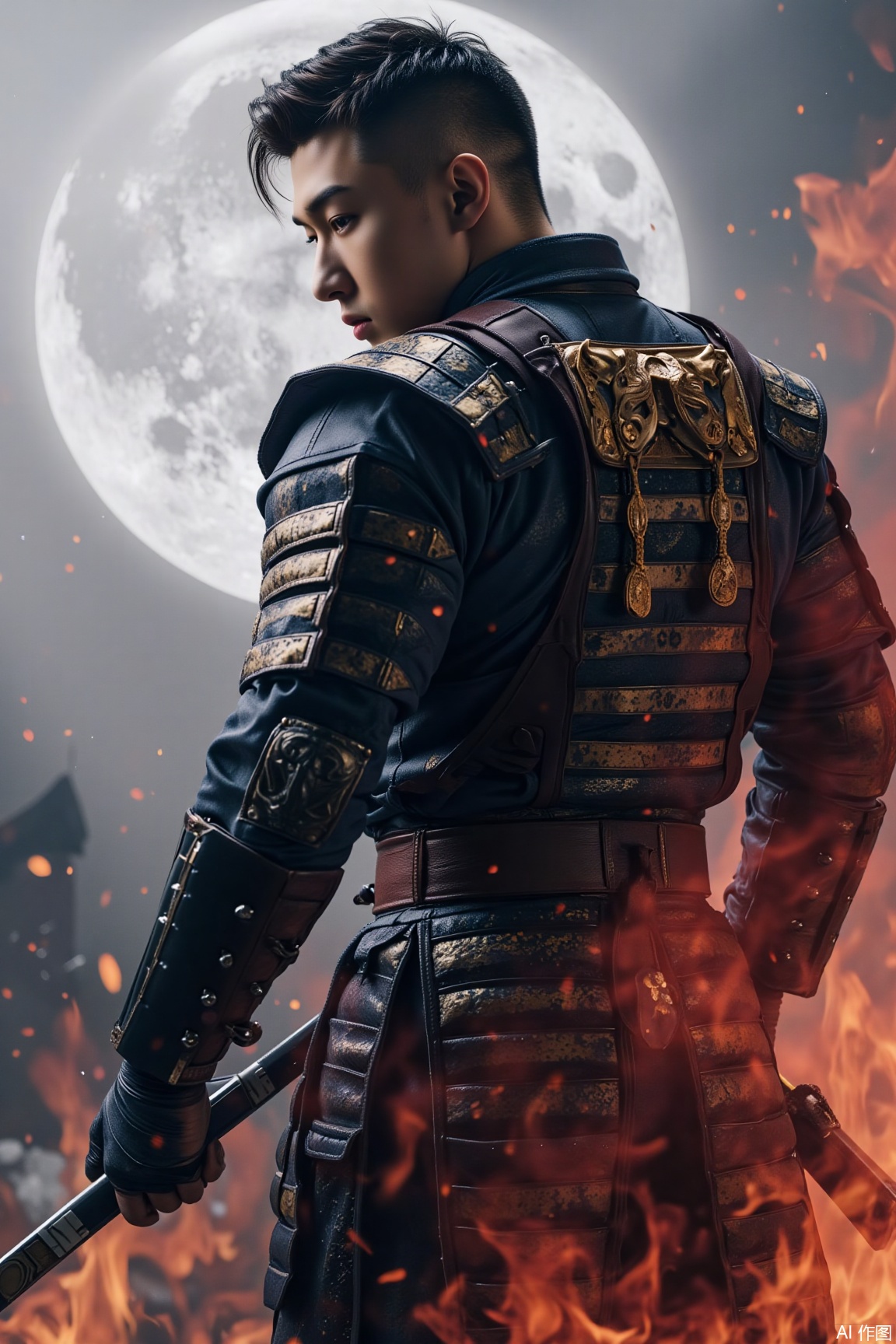 A muscular man in traditional samurai attire, depicted as a combat silhouette with silver highlight strokes. The clash of the cold moonlight and warm red flames creates a dramatic scene, evoking a story of intense battle and unwavering conviction..jzns,wak,double-exposure
