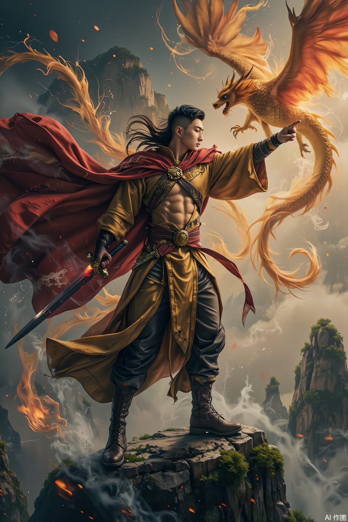 A muscular master of Kunlun swords wearing a gold and red cloak with Kirin cloud patterns. The Kirin scales on the cloak shimmer with golden and crimson lights under the sun, and a Dragon's Roar sword inlaid with blood jade hangs from his waist. He stands in the air, pointing his sword at the sky, and the sword energy transforms into a golden dragon and a crimson phoenix fighting in the air. The indigo sky clashes sharply with the golden-red light of the divine beasts, and the floating celestial islands beneath his feet glow with emerald green and amber gold, depicting the heroic spirit of the sword master traversing heaven and earth..jzns,wak,double-exposure,vivid color
