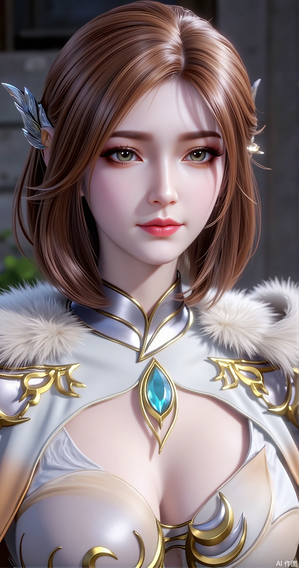 Ultra-realistic, ancient-style fairy, with short brown hair and an unparalleled beauty, wearing a long white fairy-like fur dress and a magnificent ice-blue glass comb, half-length portrait, high-definition, full-face high-definition close-up of the character. She is as beautiful as a fairy, captivating the whole country.