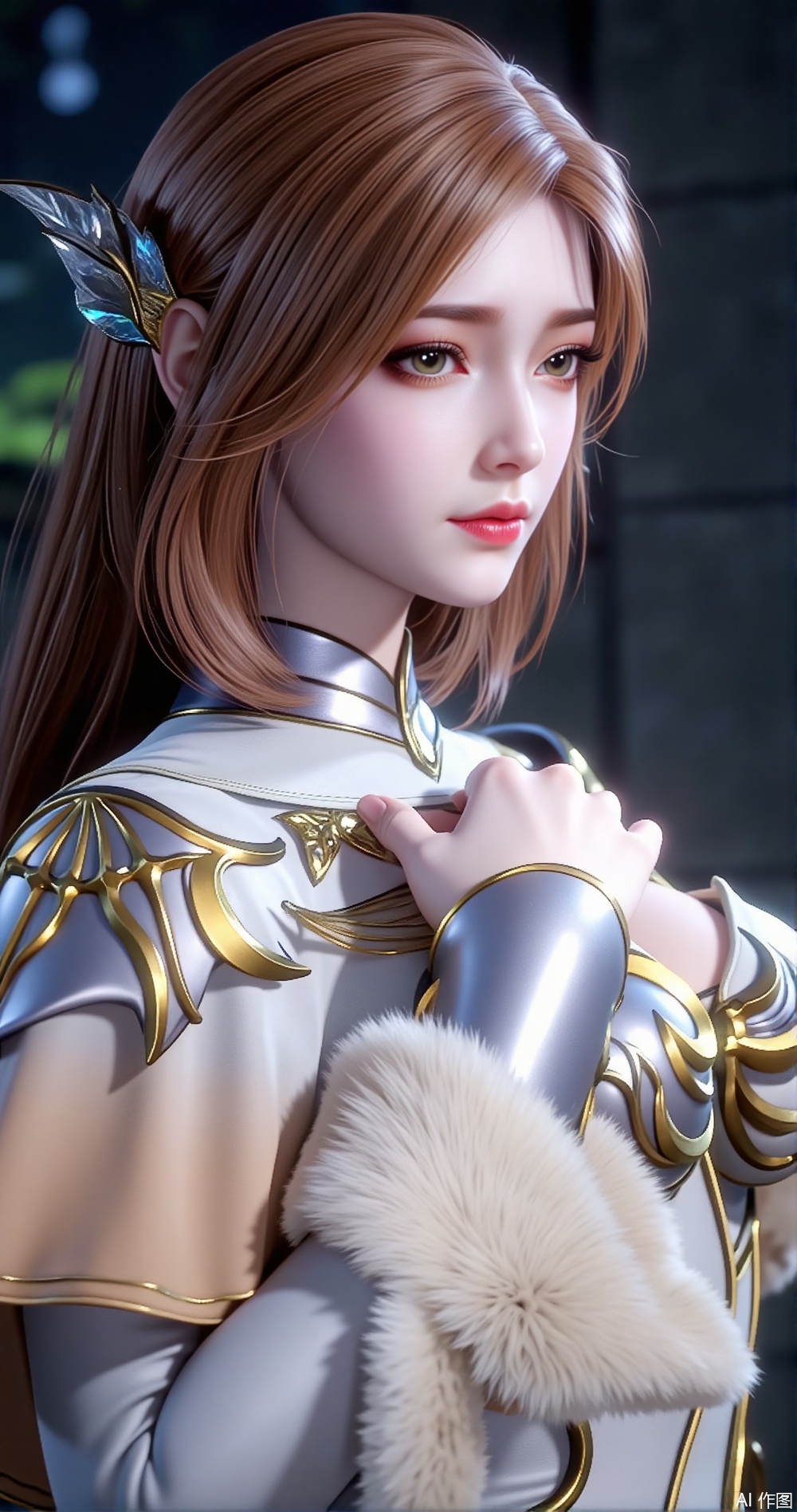 Ultra-realistic, ancient-style fairy, with short brown hair and an unparalleled beauty, wearing a long white fairy-like fur dress and a magnificent ice-blue glass comb, half-length portrait, high-definition, full-face high-definition close-up of the character. She is as beautiful as a fairy, captivating the whole country.