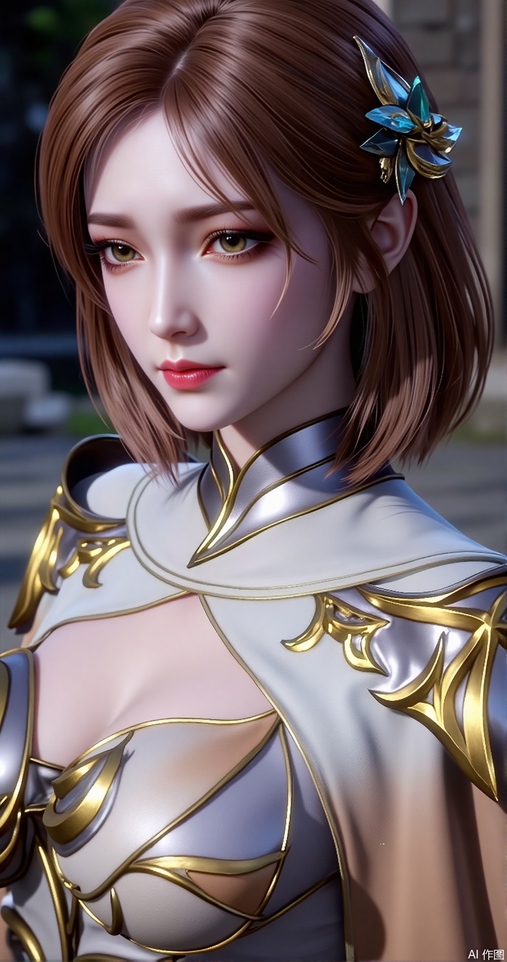 Ultra-realistic, ancient-style fairy, with short brown hair and an unparalleled beauty, wearing a long white fairy-like fur dress and a magnificent ice-blue glass comb, half-length portrait, high-definition, full-face high-definition close-up of the character. She is as beautiful as a fairy, captivating the whole country.