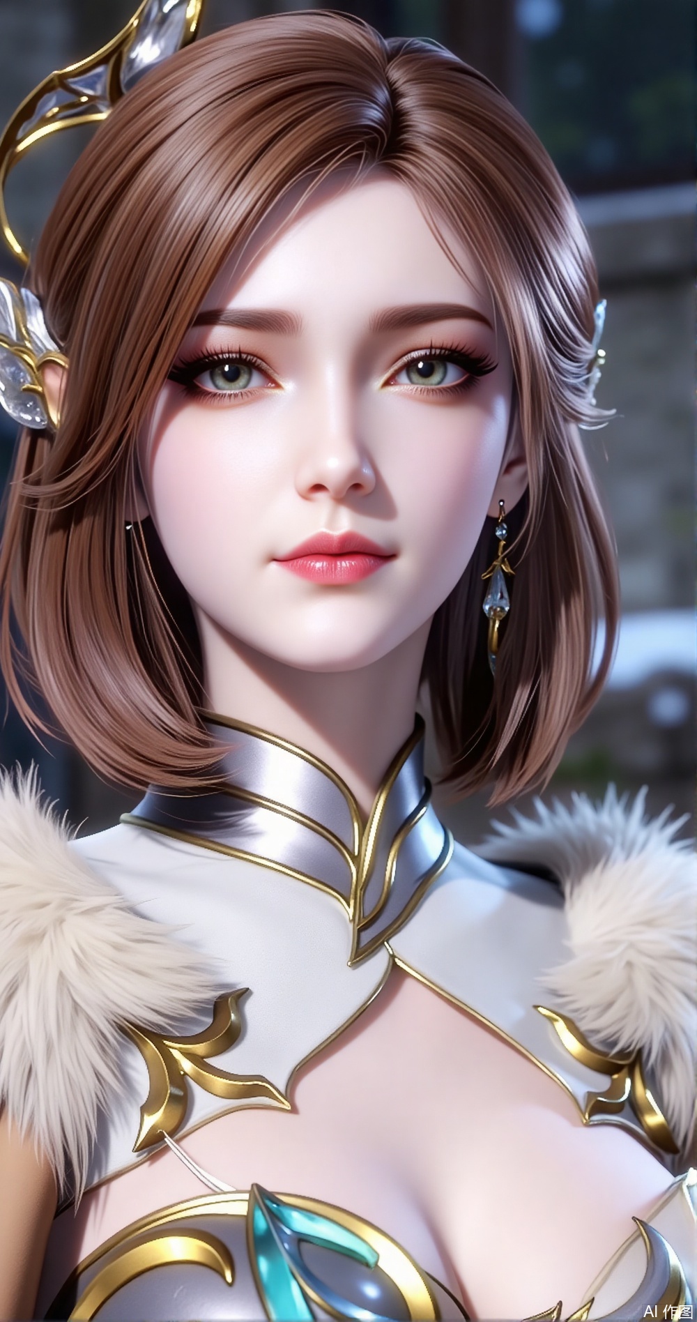 Ultra-realistic, ancient-style fairy, with short brown hair and an unparalleled beauty, wearing a long white fairy-like fur dress and a magnificent ice-blue glass comb, half-length portrait, high-definition, full-face high-definition close-up of the character. She is as beautiful as a fairy, captivating the whole country.