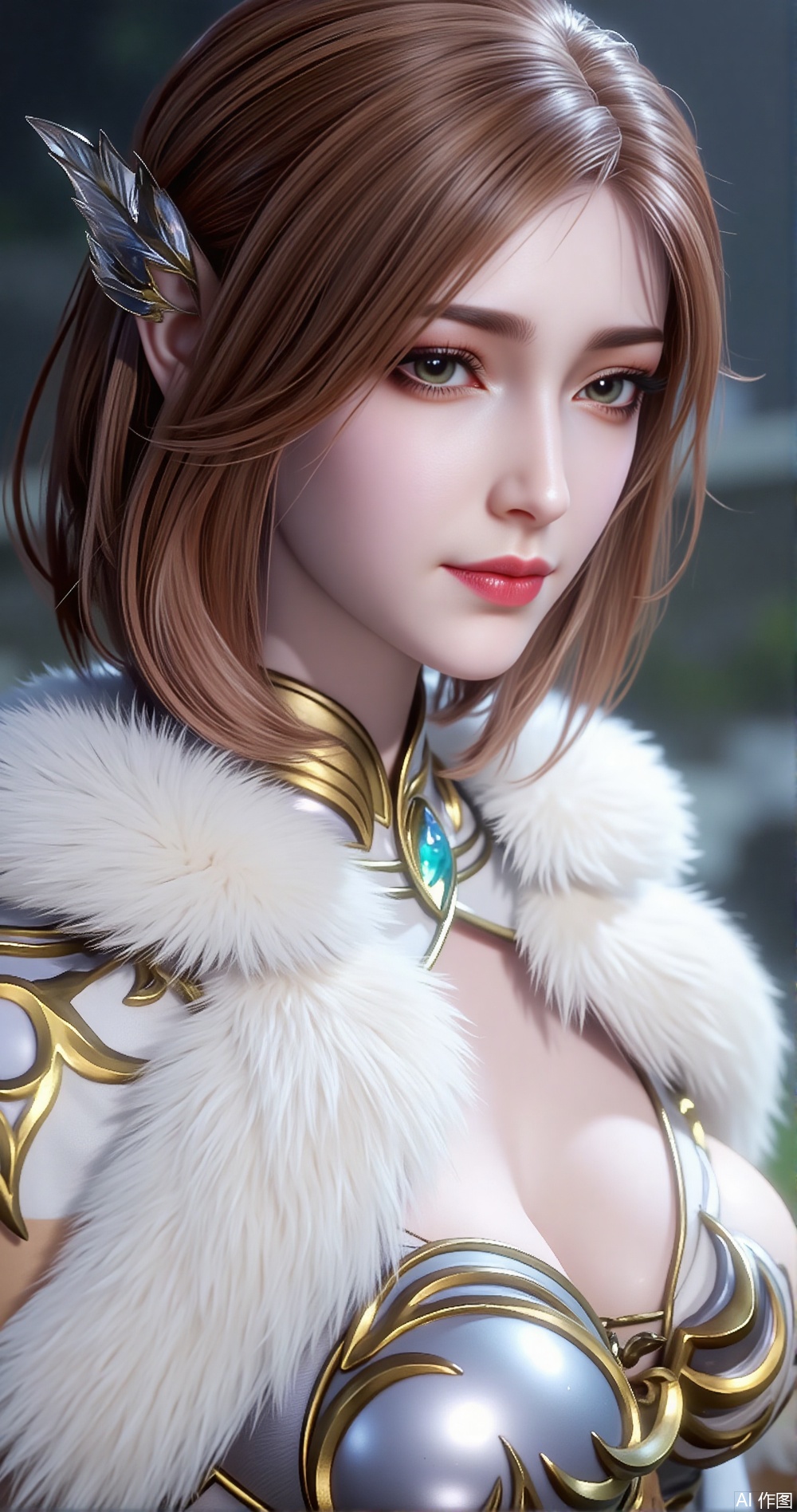 Ultra-realistic, ancient-style fairy, with short brown hair and an unparalleled beauty, wearing a long white fairy-like fur dress and a magnificent ice-blue glass comb, half-length portrait, high-definition, full-face high-definition close-up of the character. She is as beautiful as a fairy, captivating the whole country.