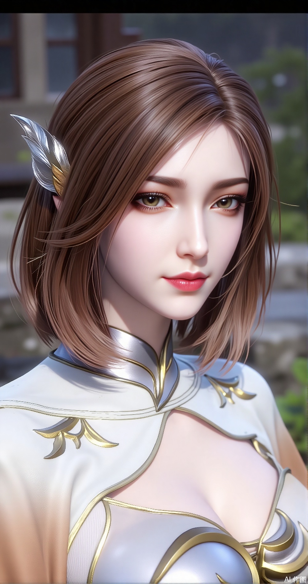 Ultra-realistic, ancient-style fairy, with short brown hair and an unparalleled beauty, wearing a long white fairy-like fur dress and a magnificent ice-blue glass comb, half-length portrait, high-definition, full-face high-definition close-up of the character. She is as beautiful as a fairy, captivating the whole country.