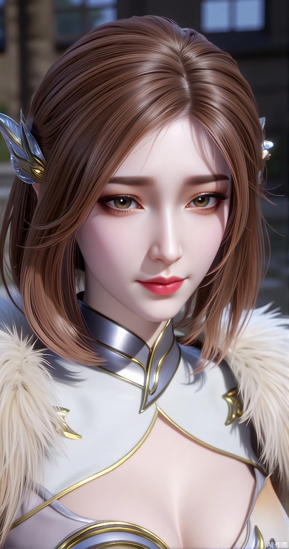 Ultra-realistic, ancient-style fairy, with short brown hair and an unparalleled beauty, wearing a long white fairy-like fur dress and a magnificent ice-blue glass comb, half-length portrait, high-definition, full-face high-definition close-up of the character. She is as beautiful as a fairy, captivating the whole country.