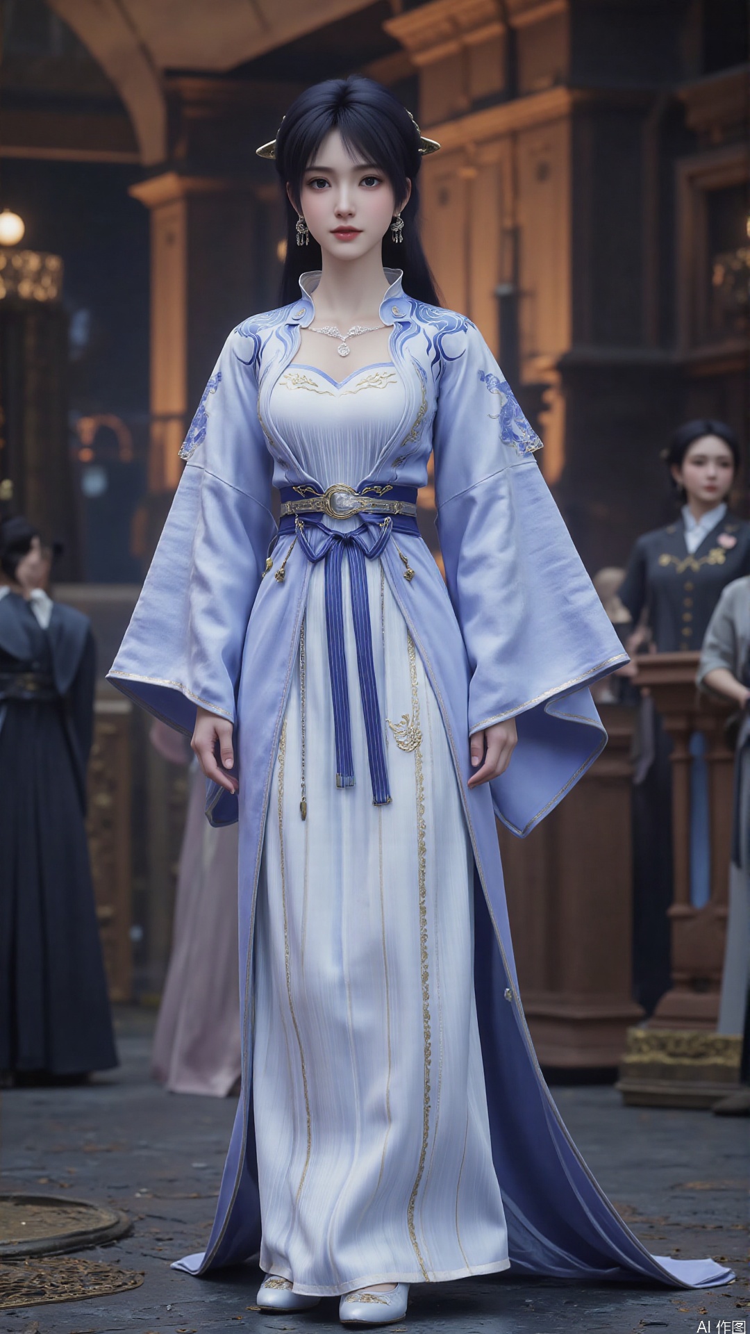 This image is a CGI-rendered digital artwork depicting a young woman in a traditional East Asian outfit. She has a fair complexion, dark hair styled into two high buns adorned with ornate hairpins, and wears a serene expression on her face. Her outfit is a flowing, long-sleeved robe with intricate blue and gold patterns, featuring a fitted bodice with a sweetheart neckline and a voluminous skirt that cascades to the floor. The robe is cinched at the waist with a wide, decorative blue sash tied in a bow, and the sleeves are adorned with gold embroidery and ribbons.