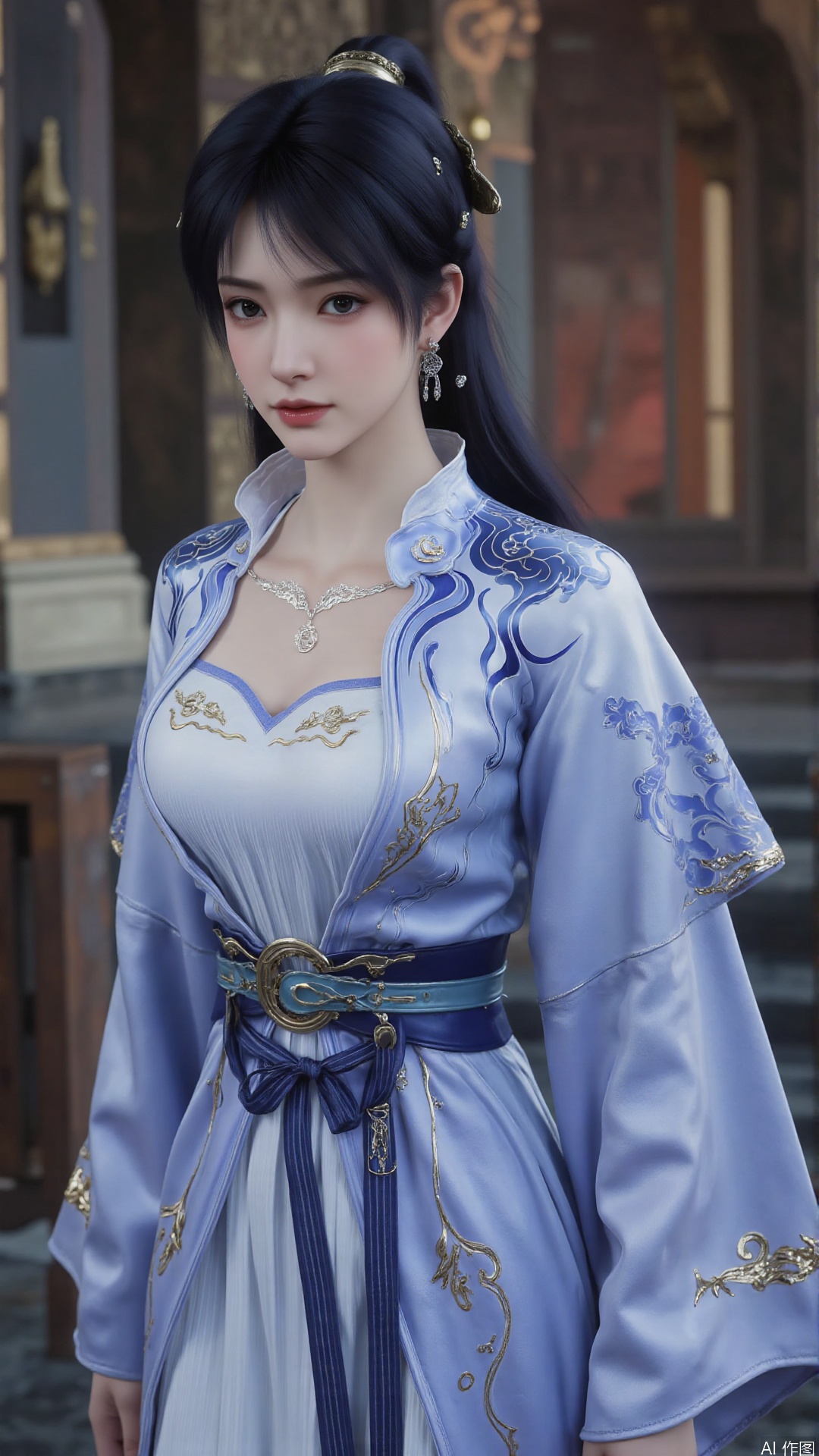 This image is a CGI-rendered digital artwork depicting a young woman in a traditional East Asian outfit. She has a fair complexion, dark hair styled into two high buns adorned with ornate hairpins, and wears a serene expression on her face. Her outfit is a flowing, long-sleeved robe with intricate blue and gold patterns, featuring a fitted bodice with a sweetheart neckline and a voluminous skirt that cascades to the floor. The robe is cinched at the waist with a wide, decorative blue sash tied in a bow, and the sleeves are adorned with gold embroidery and ribbons.