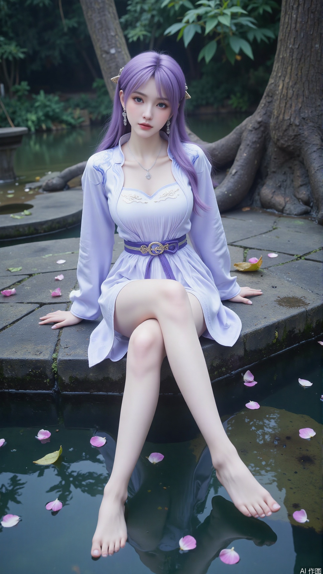 Ultra clear, wallpaper, 8k, masterpiece, 1girl, solo, long hair, looking at viewer, purple hair, hair ornament, dress, jewelry, sitting, earrings, water, necklace, petals, bare legs, leaf, soaking feet, falling petals