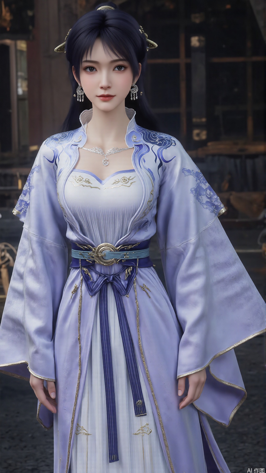 This image is a CGI-rendered digital artwork depicting a young woman in a traditional East Asian outfit. She has a fair complexion, dark hair styled into two high buns adorned with ornate hairpins, and wears a serene expression on her face. Her outfit is a flowing, long-sleeved robe with intricate blue and gold patterns, featuring a fitted bodice with a sweetheart neckline and a voluminous skirt that cascades to the floor. The robe is cinched at the waist with a wide, decorative blue sash tied in a bow, and the sleeves are adorned with gold embroidery and ribbons.