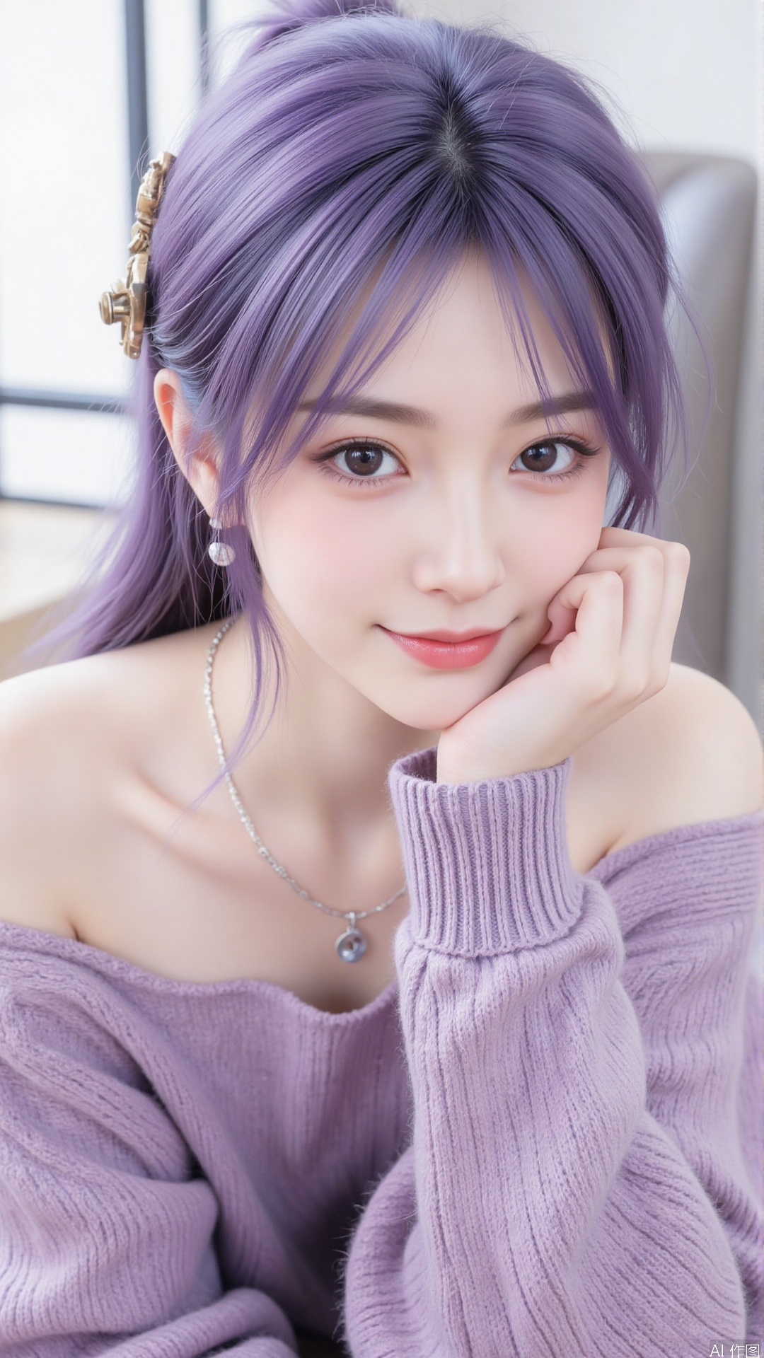 1girl, solo, long hair, looking at viewer, smile, purple hair, sitting, collarbone, off shoulder, grin, sweater, messy hair, realistic