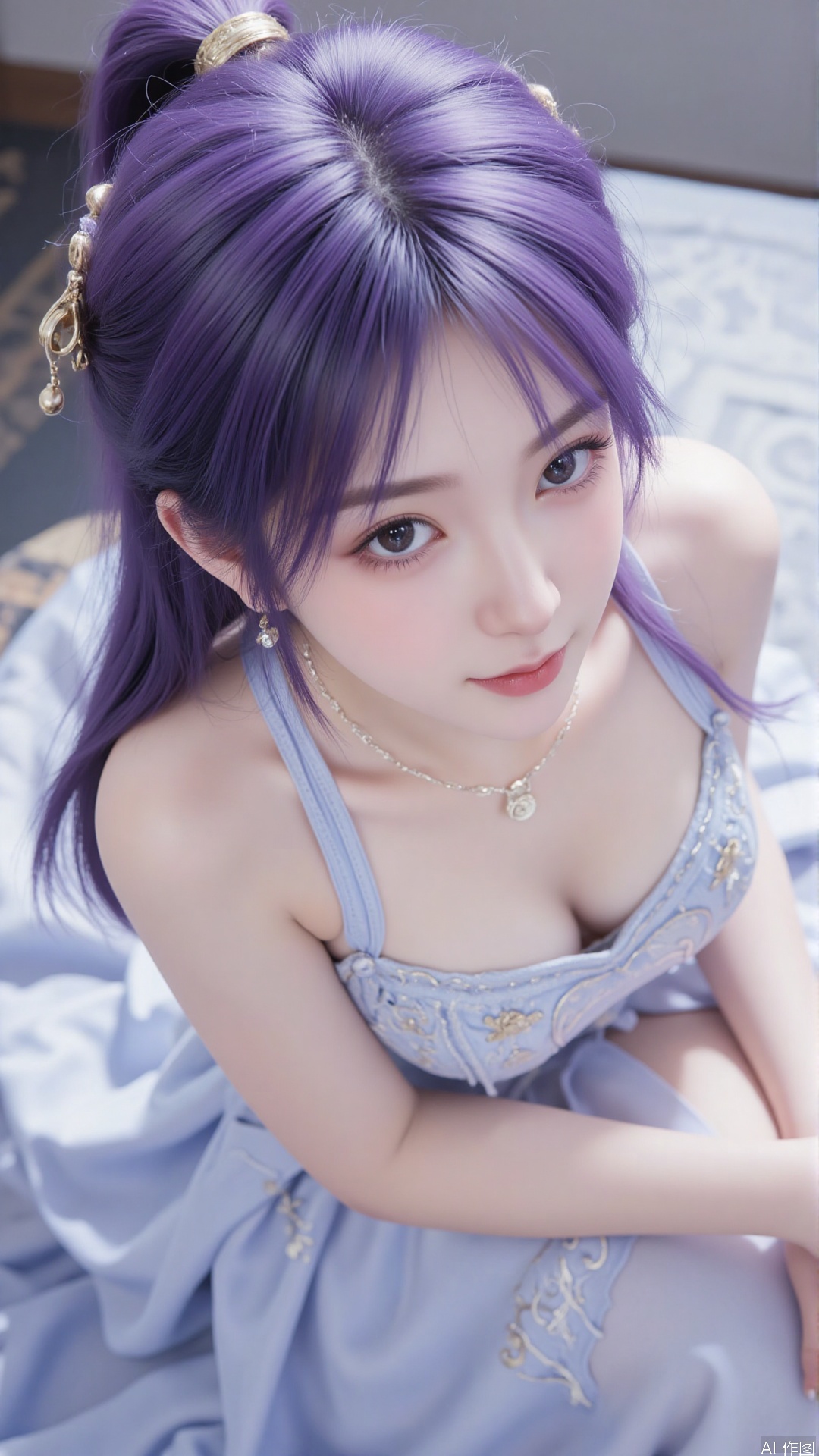 1girl, solo, jewelry, earrings, breasts, necklace, purple hair, dress, realistic, bare shoulders, looking at viewer, lying, perfect body, scenery, sharp focus, best quality, masterpiece, detailed outfit, illustration, perfect eyes, finely detailed beautiful anime eyes, realistic skin, intricate details, best lighting, depth of field, ultra high resolution, bed, from above
