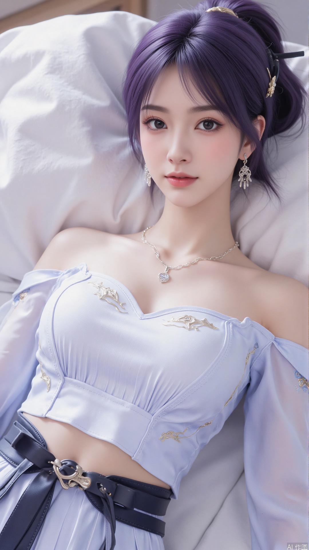 1girl, solo, jewelry, earrings, breasts, necklace, purple hair, dress, realistic, bare shoulders, looking at viewer, lying, perfect body, scenery, sharp focus, best quality, masterpiece, detailed outfit, illustration, perfect eyes, finely detailed beautiful anime eyes, realistic skin, intricate details, best lighting, depth of field, ultra high resolution, bed, from above