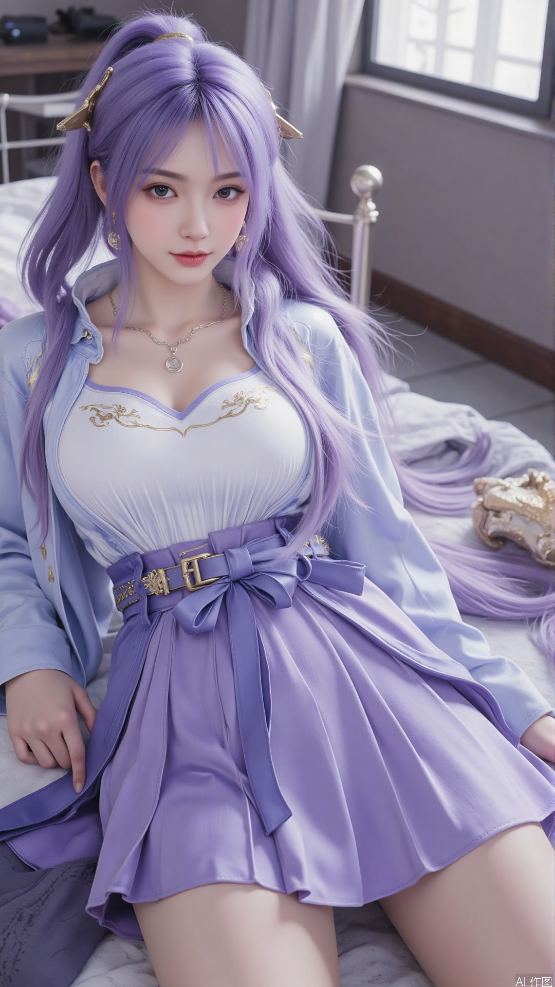  1girl, long hair, purple hair, lie on the bed, (school uniform:1.4),looking at viewer, mischevious smile, perfect body, scenery, sharp focus, best quality, masterpiece, detailed outfit, illustration, perfect eyes, finely detailed beautiful anime eyes, realistic skin, intricate details, best lighting, depth of field, ultra high resolution