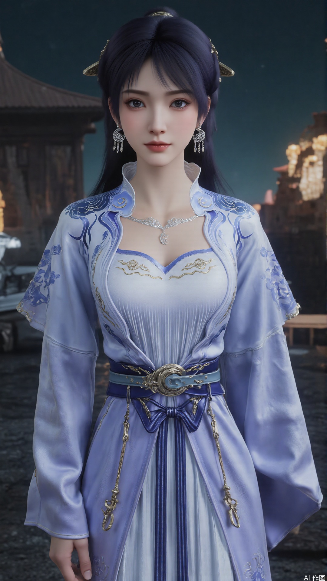 This image is a CGI-rendered digital artwork depicting a young woman in a traditional East Asian outfit. She has a fair complexion, dark hair styled into two high buns adorned with ornate hairpins, and wears a serene expression on her face. Her outfit is a flowing, long-sleeved robe with intricate blue and gold patterns, featuring a fitted bodice with a sweetheart neckline and a voluminous skirt that cascades to the floor. The robe is cinched at the waist with a wide, decorative blue sash tied in a bow, and the sleeves are adorned with gold embroidery and ribbons.