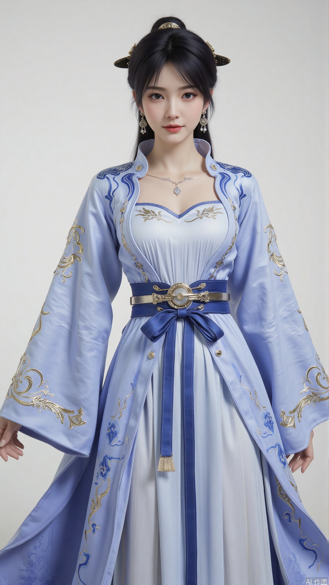 This image is a CGI-rendered digital artwork depicting a young woman in a traditional East Asian outfit. She has a fair complexion, dark hair styled into two high buns adorned with ornate hairpins, and wears a serene expression on her face. Her outfit is a flowing, long-sleeved robe with intricate blue and gold patterns, featuring a fitted bodice with a sweetheart neckline and a voluminous skirt that cascades to the floor. The robe is cinched at the waist with a wide, decorative blue sash tied in a bow, and the sleeves are adorned with gold embroidery and ribbons.
