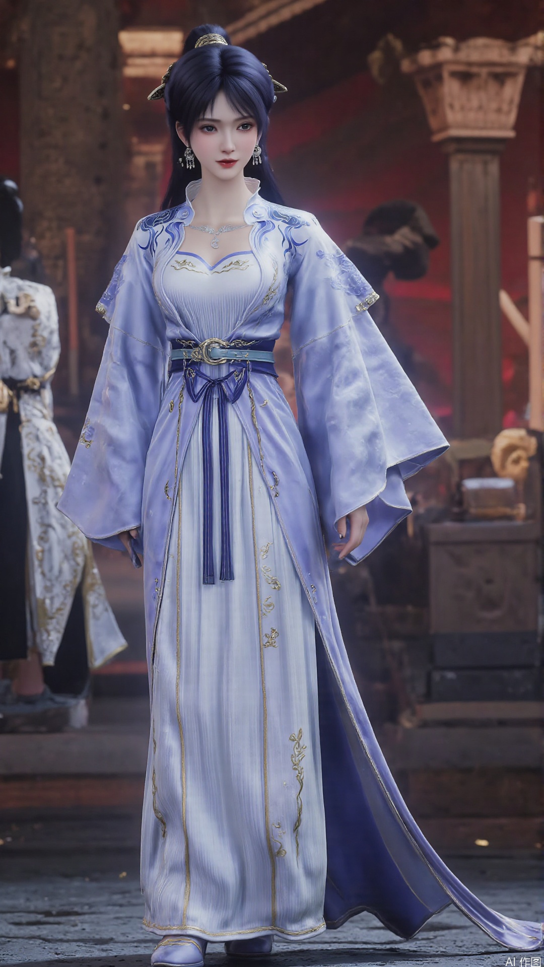 This image is a CGI-rendered digital artwork depicting a young woman in a traditional East Asian outfit. She has a fair complexion, dark hair styled into two high buns adorned with ornate hairpins, and wears a serene expression on her face. Her outfit is a flowing, long-sleeved robe with intricate blue and gold patterns, featuring a fitted bodice with a sweetheart neckline and a voluminous skirt that cascades to the floor. The robe is cinched at the waist with a wide, decorative blue sash tied in a bow, and the sleeves are adorned with gold embroidery and ribbons.