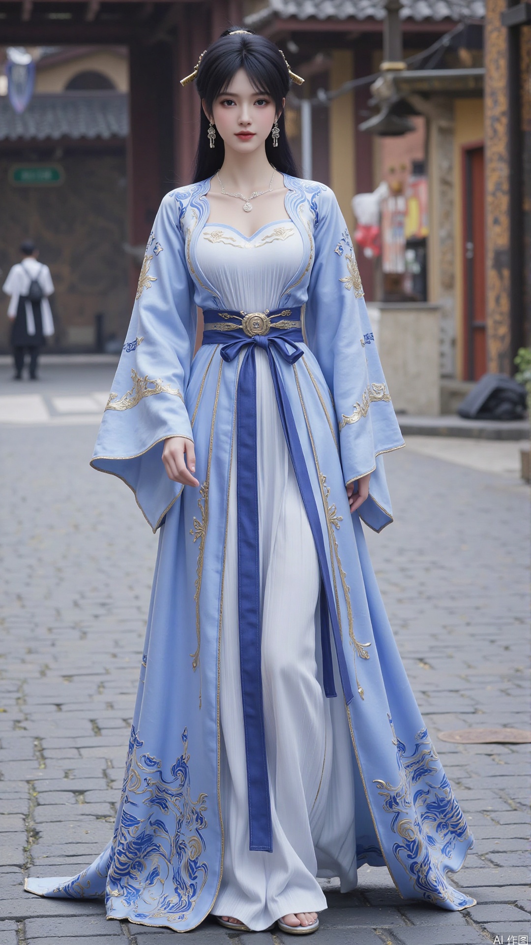 This image is a CGI-rendered digital artwork depicting a young woman in a traditional East Asian outfit. She has a fair complexion, dark hair styled into two high buns adorned with ornate hairpins, and wears a serene expression on her face. Her outfit is a flowing, long-sleeved robe with intricate blue and gold patterns, featuring a fitted bodice with a sweetheart neckline and a voluminous skirt that cascades to the floor. The robe is cinched at the waist with a wide, decorative blue sash tied in a bow, and the sleeves are adorned with gold embroidery and ribbons.