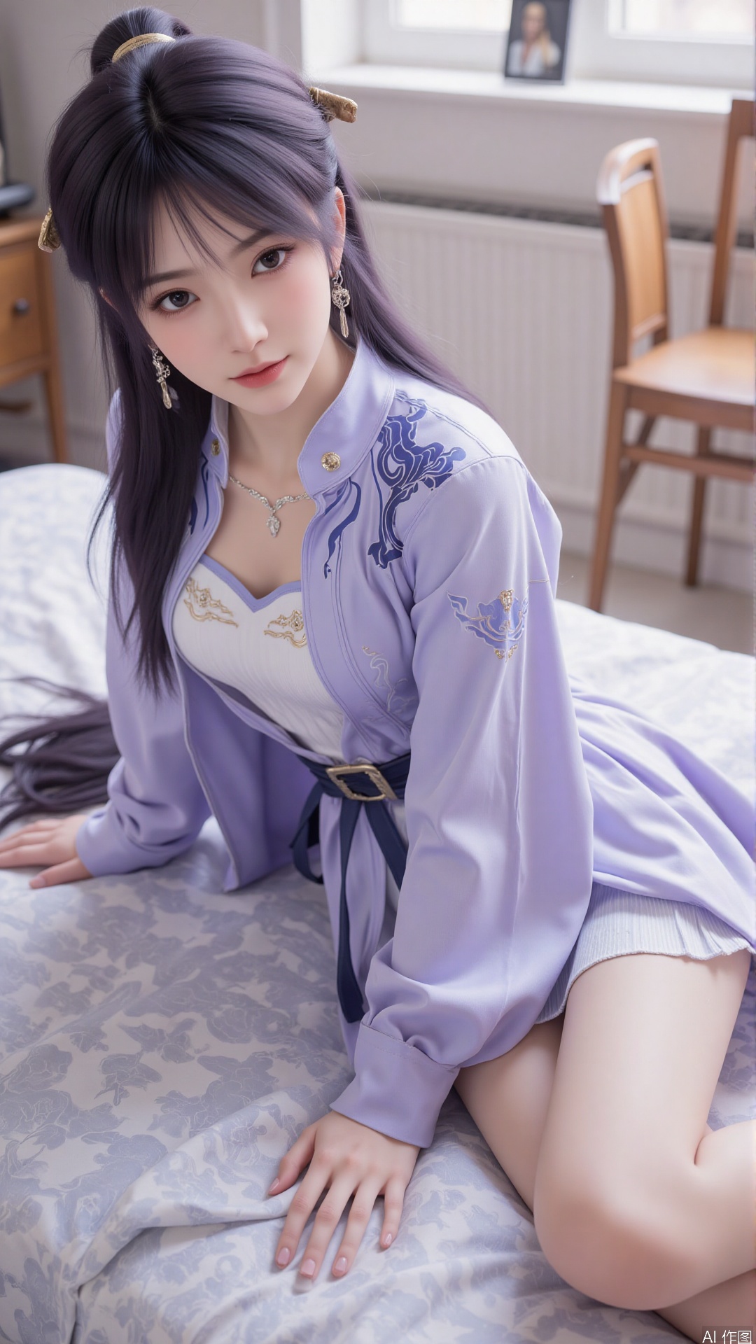 1girl, long hair, purple hair, lie on the bed, (school uniform:1.4),looking at viewer, mischevious smile, perfect body, scenery, sharp focus, best quality, masterpiece, detailed outfit, illustration, perfect eyes, finely detailed beautiful anime eyes, realistic skin, intricate details, best lighting, depth of field, ultra high resolution