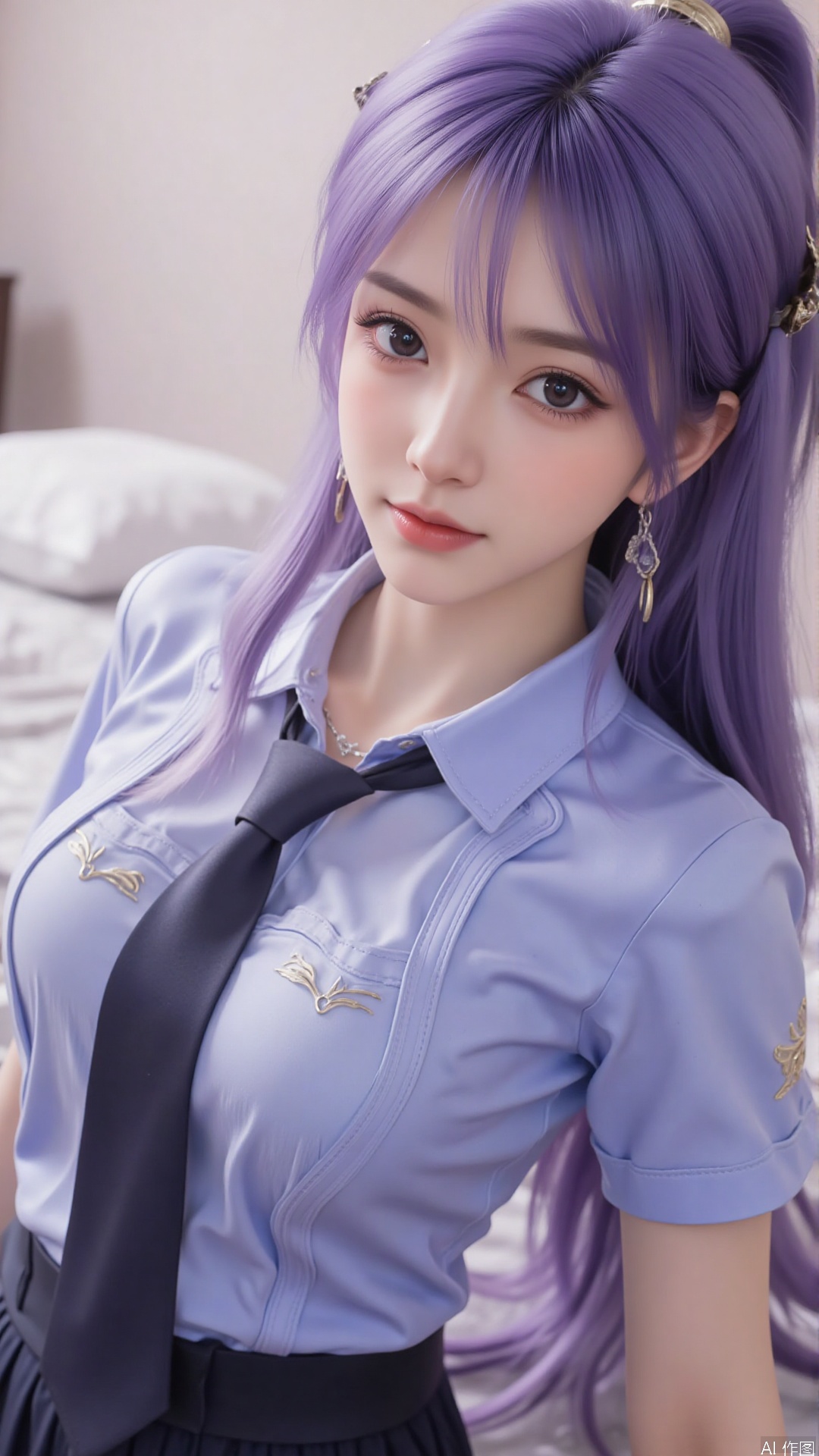  1girl, long hair, purple hair, lie on the bed, (school uniform:1.4),looking at viewer, mischevious smile, perfect body, scenery, sharp focus, best quality, masterpiece, detailed outfit, illustration, perfect eyes, finely detailed beautiful anime eyes, realistic skin, intricate details, best lighting, depth of field, ultra high resolution