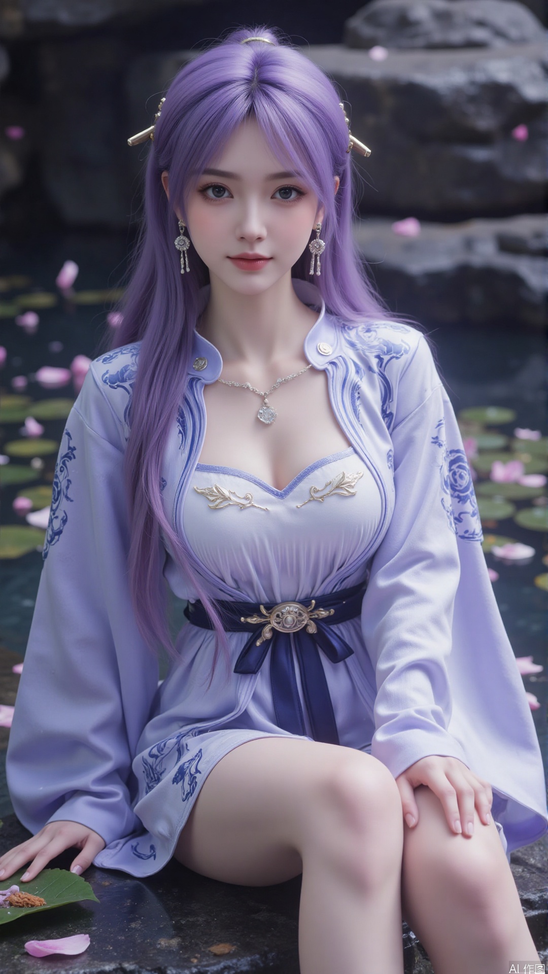 Ultra clear, wallpaper, 8k, masterpiece, 1girl, solo, long hair, looking at viewer, purple hair, hair ornament, dress, jewelry, sitting, earrings, water, necklace, petals, bare legs, leaf, soaking feet, falling petals