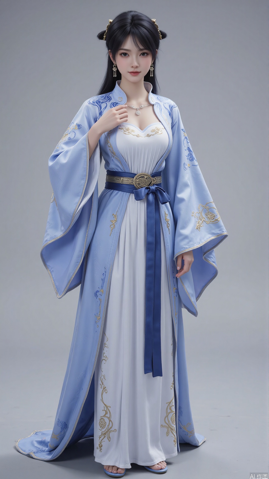 This image is a CGI-rendered digital artwork depicting a young woman in a traditional East Asian outfit. She has a fair complexion, dark hair styled into two high buns adorned with ornate hairpins, and wears a serene expression on her face. Her outfit is a flowing, long-sleeved robe with intricate blue and gold patterns, featuring a fitted bodice with a sweetheart neckline and a voluminous skirt that cascades to the floor. The robe is cinched at the waist with a wide, decorative blue sash tied in a bow, and the sleeves are adorned with gold embroidery and ribbons.