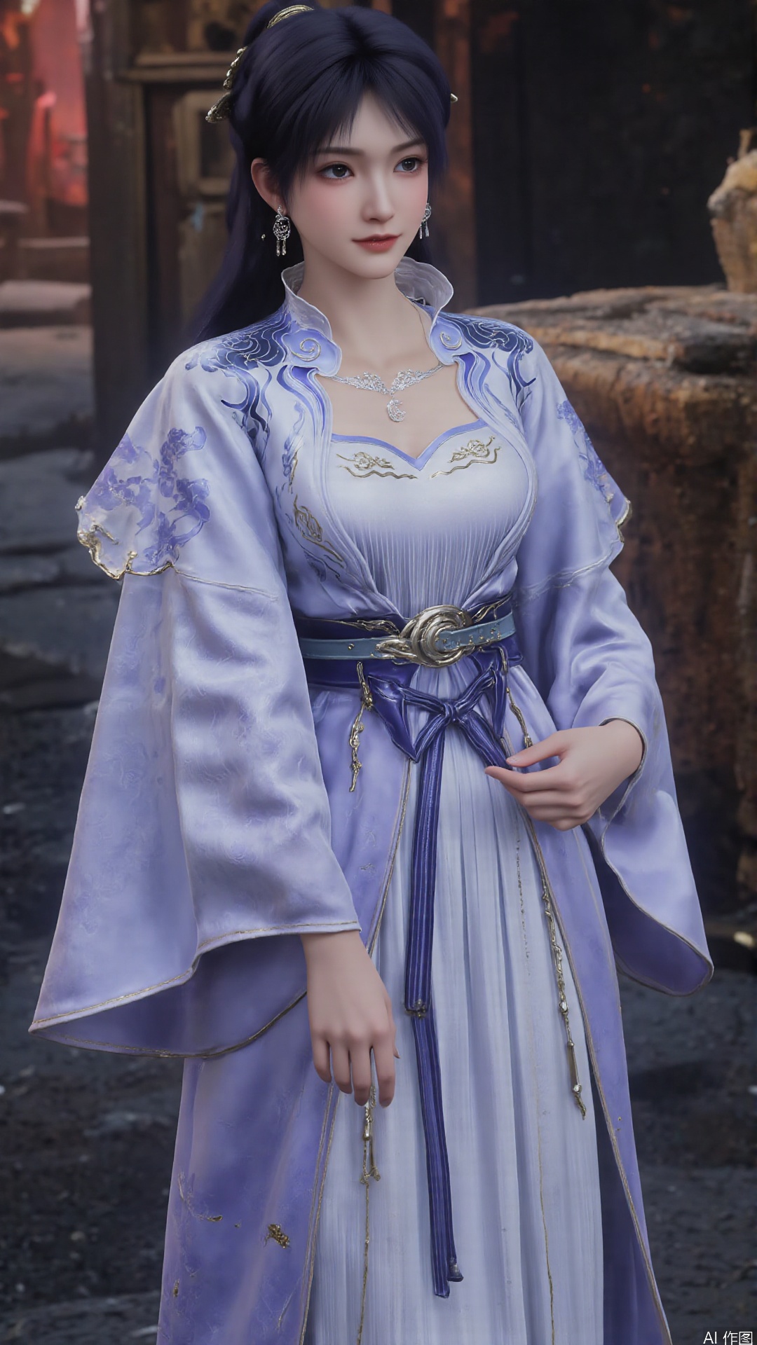 This image is a CGI-rendered digital artwork depicting a young woman in a traditional East Asian outfit. She has a fair complexion, dark hair styled into two high buns adorned with ornate hairpins, and wears a serene expression on her face. Her outfit is a flowing, long-sleeved robe with intricate blue and gold patterns, featuring a fitted bodice with a sweetheart neckline and a voluminous skirt that cascades to the floor. The robe is cinched at the waist with a wide, decorative blue sash tied in a bow, and the sleeves are adorned with gold embroidery and ribbons.