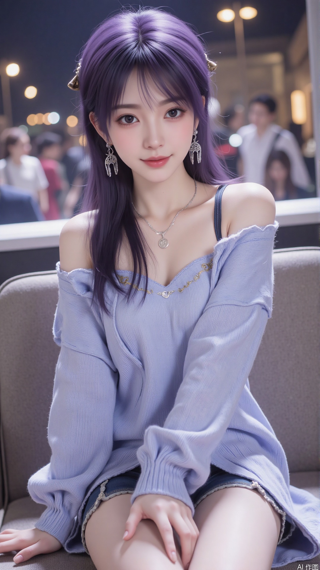 1girl, solo, long hair, looking at viewer, smile, purple hair, sitting, collarbone, off shoulder, grin, sweater, messy hair, realistic