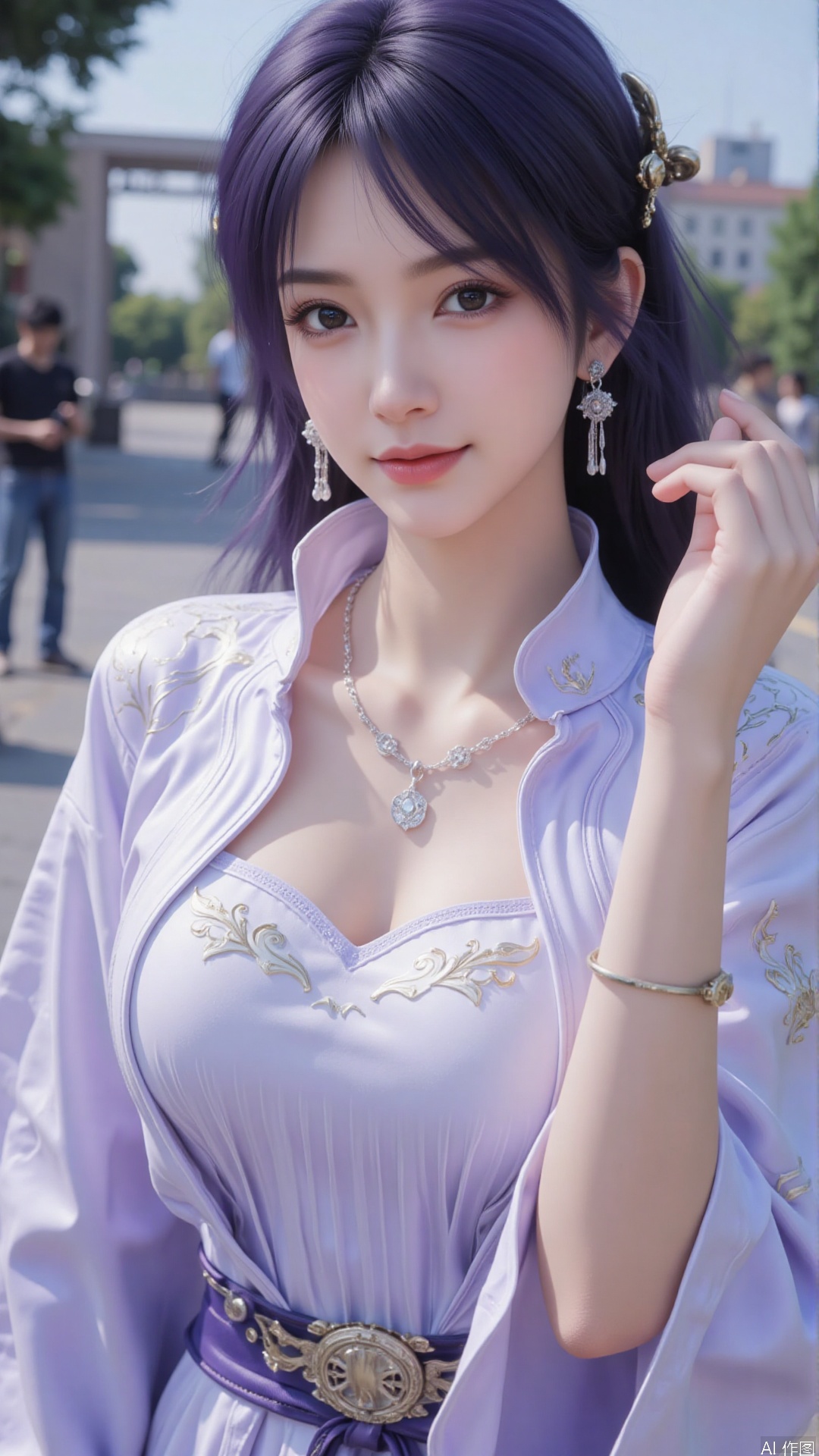  1girl, solo, jewelry, earrings, breasts, necklace, purple hair, dress, realistic, mischevious smile, perfect body, scenery, sharp focus, best quality, masterpiece, detailed outfit, illustration, perfect eyes, finely detailed beautiful anime eyes, realistic skin, intricate details, best lighting, depth of field, ultra high resolution,cowboy_shot