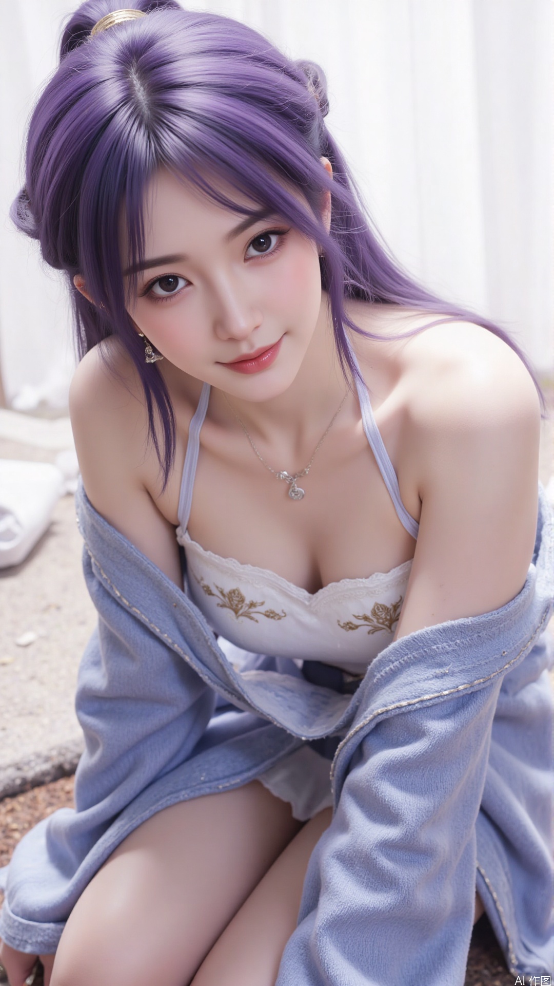 1girl, solo, long hair, looking at viewer, smile, purple hair, sitting, collarbone, off shoulder, grin, sweater, messy hair, realistic