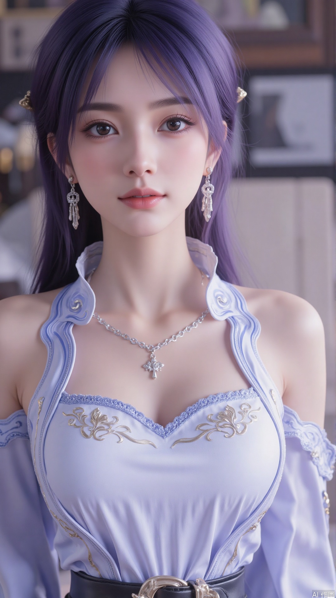1girl, solo, jewelry, earrings, breasts, necklace, purple hair, dress, realistic, bare shoulders, looking at viewer, lying, perfect body, scenery, sharp focus, best quality, masterpiece, detailed outfit, illustration, perfect eyes, finely detailed beautiful anime eyes, realistic skin, intricate details, best lighting, depth of field, ultra high resolution, bed, from above