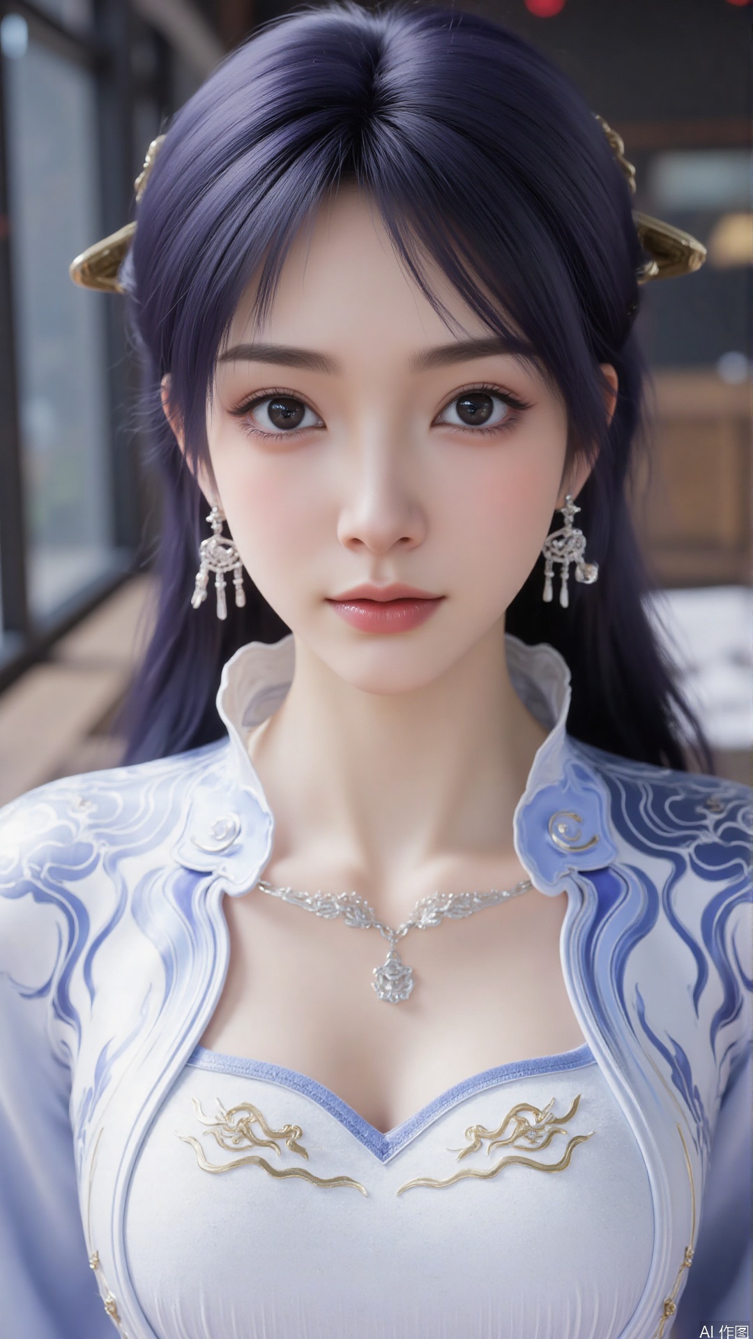 1girl, solo, jewelry, earrings, breasts, necklace, purple hair, dress, realistic, bare shoulders, looking at viewer, lying, perfect body, scenery, sharp focus, best quality, masterpiece, detailed outfit, illustration, perfect eyes, finely detailed beautiful anime eyes, realistic skin, intricate details, best lighting, depth of field, ultra high resolution, bed, from above