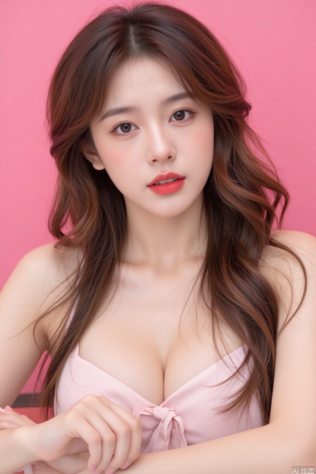 This is a woman with an Eastern face,long brown hair, curly hair,red lips, cleavage, big breasts,real person, pink background,