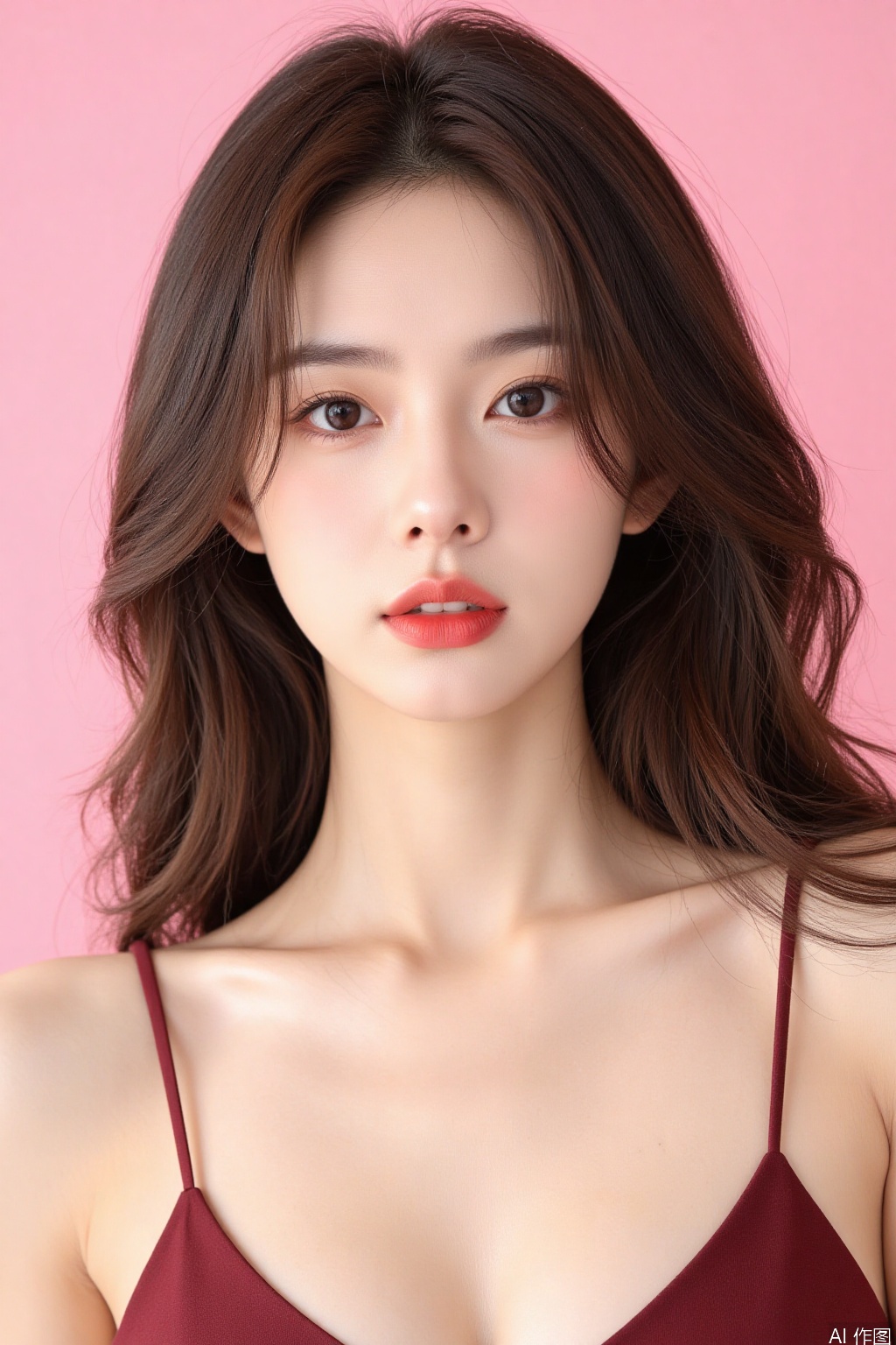 This is a woman with an Eastern face,long brown hair, curly hair,red lips, cleavage, Moderate chest,real person, pink background,