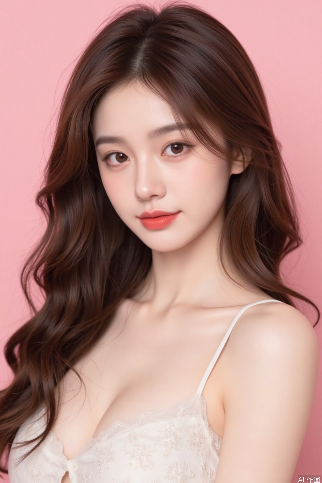 This is a woman with an Eastern face,long brown hair, curly hair,red lips, cleavage, Moderate chest,real person, pink background,