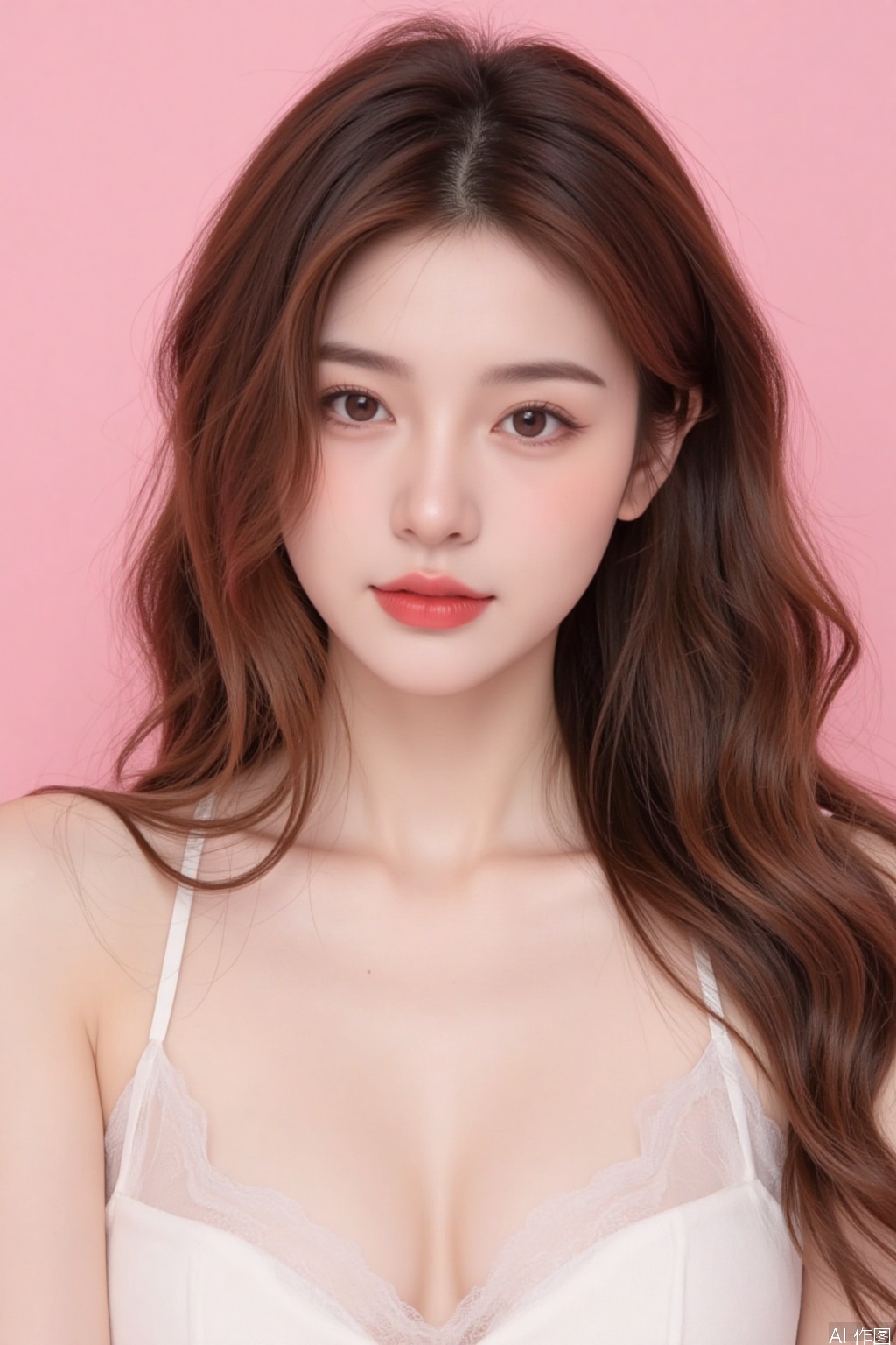 This is a woman with an Eastern face,long brown hair, curly hair,red lips, cleavage, Moderate chest,real person, pink background,