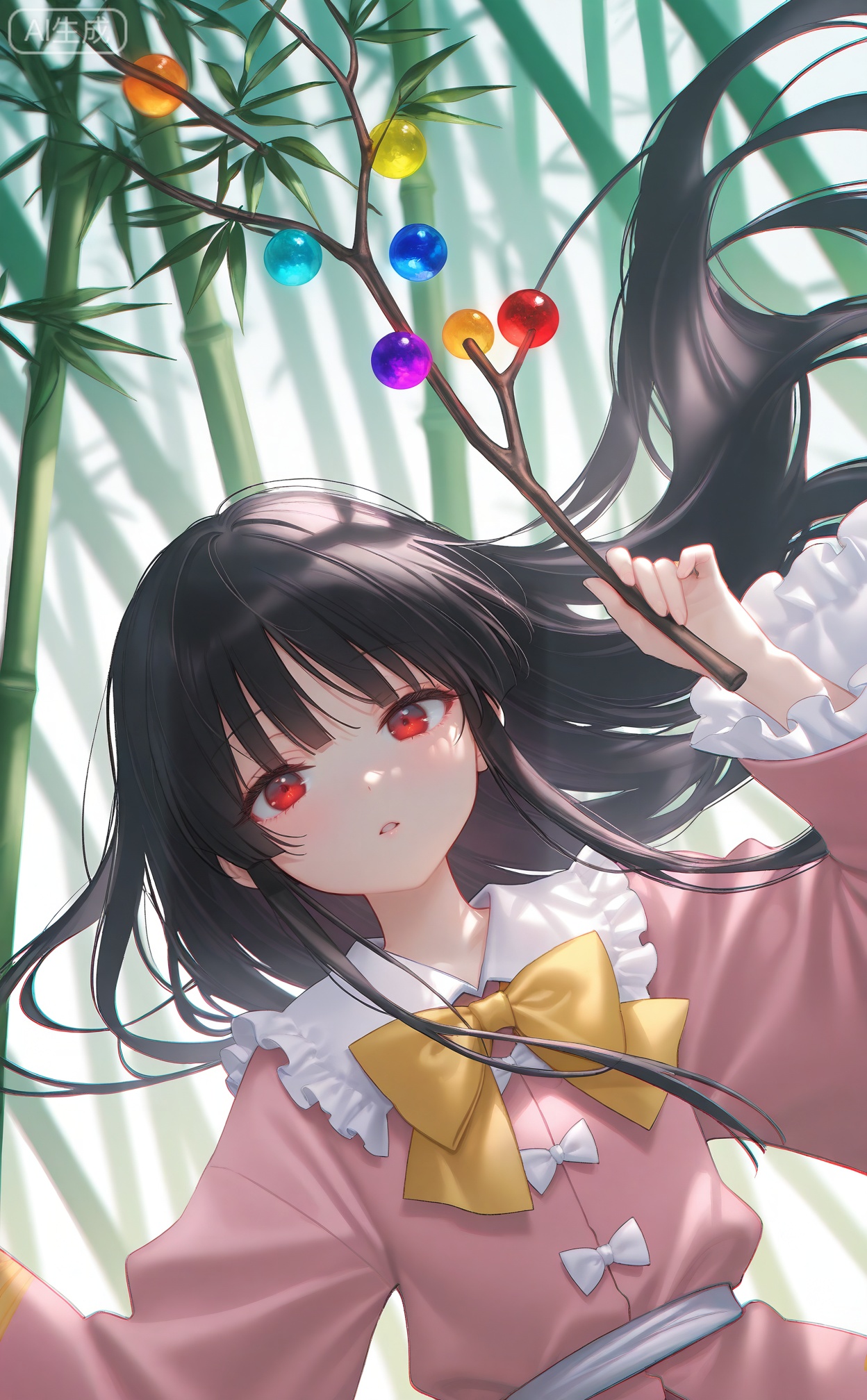 masterpiece,absurdres,best quality,loli,petite,high quality,chromatic_aberration,
//,
1girl,jeweled branch of hourai,solo,branch,long hair,houraisan kaguya,black hair,pink shirt,shirt,long sleeves,red eyes,wide sleeves,yellow bowtie,looking at viewer,upper body,bow,bowtie,frills,yellow bow,parted lips,frilled sleeves,holding,very long hair,bamboo,floating hair,hime cut,frilled shirt collar,hands up,collared shirt,blunt bangs,hand up,holding branch,open mouth,japanese clothes
//,
photorealistic,Artist myowa,Artist:na-ga,(quasarcake:0.2),(wanke:0.9),[Artist:chen bin],Artist:tidsean,[Artist:sk (askzy)],(artist:tokkyu:0.5),(artist:momoko \(momopoco\):0.5),himitsu_(hi_mi_tsu_2),