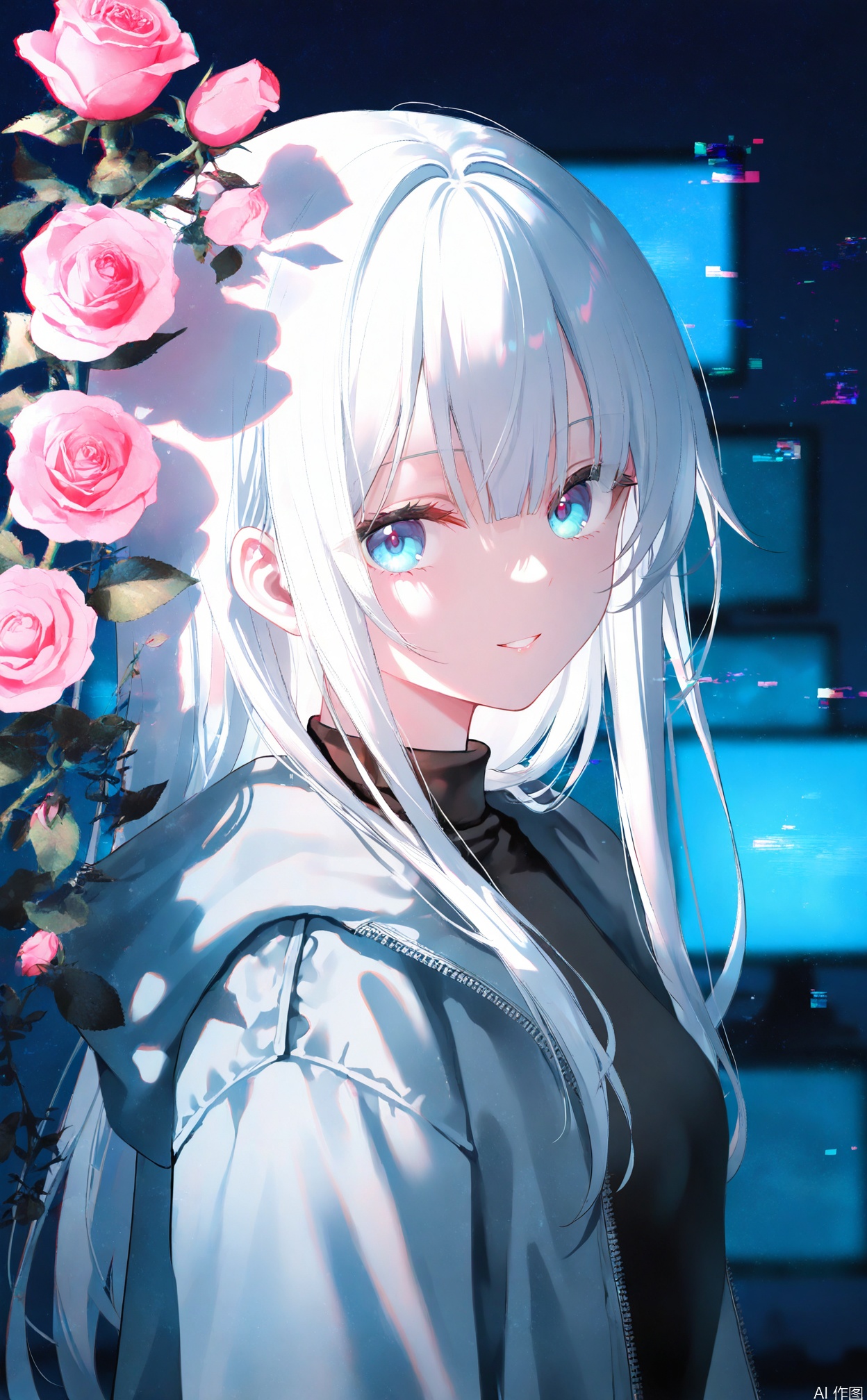 masterpiece,very aware,highres,absurdres,newest,best quality,high quality,loli,petite,chromatic_aberration,
//,
1girl, solo, flower, blue eyes, long hair, pink flower, monitor, long sleeves, jacket, upper body, smile, white hair, parted lips, rose, glitch, looking at viewer, hand up, blurry, screen, pink rose, blue theme, straight hair, grey hair
//,
year_2023,year_2024,nasii:0.4),(toosaka asagi:0.4),(atdan:0.4),(iumu:0.72),(wlop:0.72),96YOTTEA,Konya Karasue,omone_hokoma_agm,
//,
official art,depth of field,detailed light,blurry background,best shadow,shiny skin,cinematic lighting,ray tracing,
amazing quality,very aesthetic,absurdres,beast quality,ultra detailed,newest,8K,HDR,