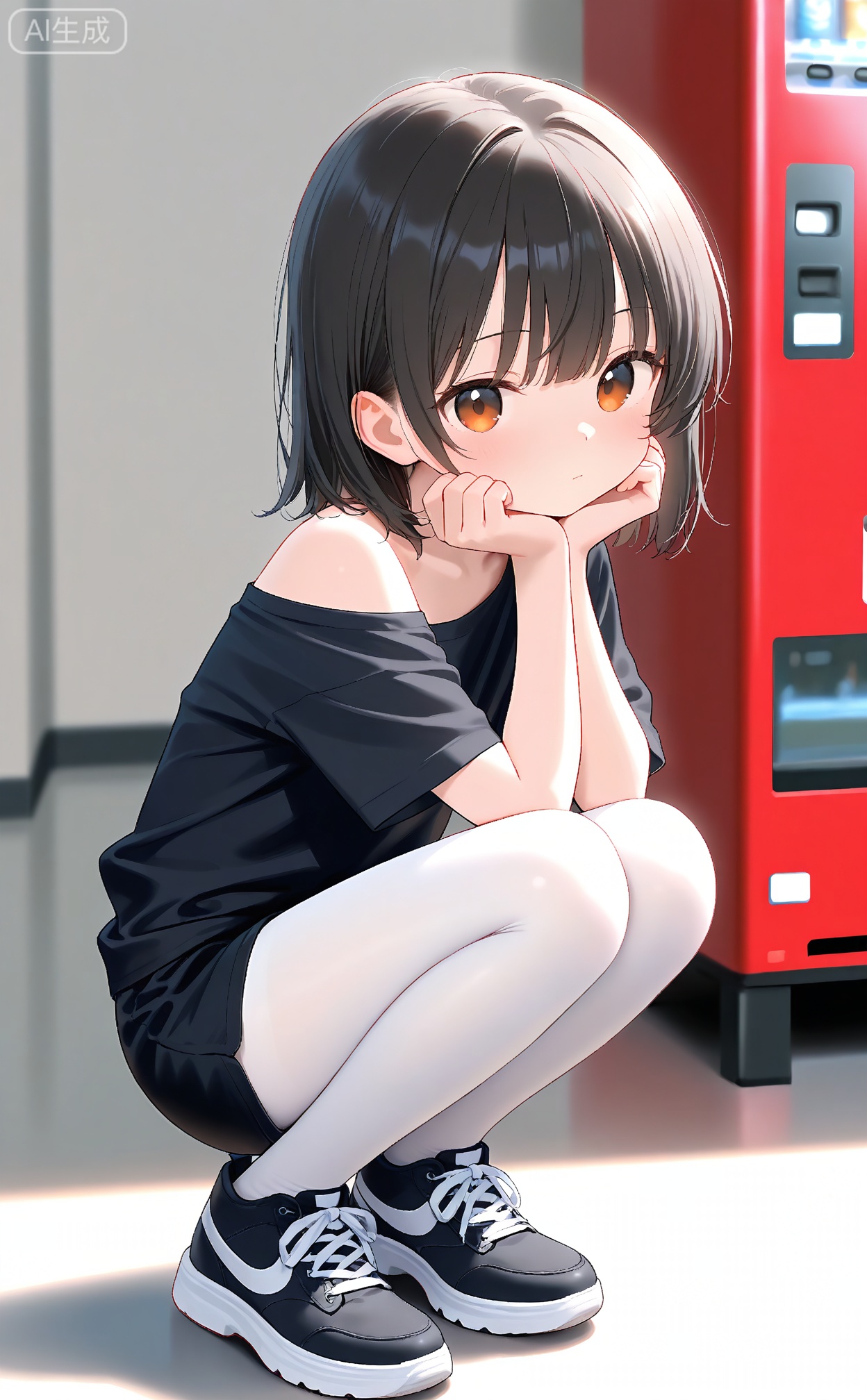 masterpiece,very aware,highres,absurdres,newest,best quality,high quality,loli,petite,chromatic_aberration,white_background,//,1girl,squatting,white_pantyhose,pantyhose,solo,black_hair,shorts,black_shirt,shirt,looking_at_viewer,blurry_background,black_footwear,orange_eyes,blurry,black_shorts,shoes,medium_hair,short_sleeves,off_shoulder,short_shorts,single_bare_shoulder,short_hair,hand_on_own_face,closed_mouth,hand_on_own_cheek,pantyhose_under_shorts,vending_machine,depth_of_field,hand_on_own_knee,head_rest,indoors,hand_on_own_chin,brown_eyes,//,year_2023,year_2024,//,