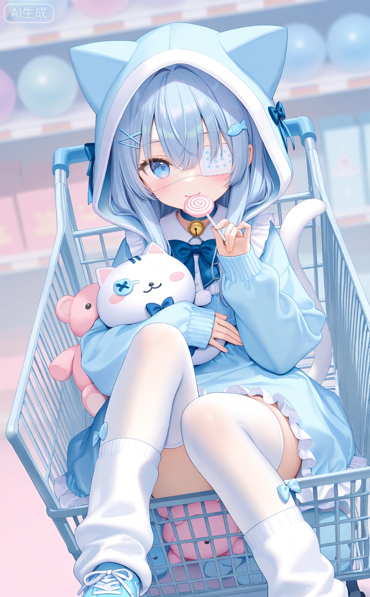 masterpiece,highres,absurdres,newest,best quality,loli,petite,high quality,chromatic_aberration,cinematic_angle,dutch angle,
//,
1girl, shopping cart, stuffed toy, candy, wing hair ornament, stuffed animal, lollipop, thighhighs, food, blue eyes, holding, holding stuffed toy, white thighhighs, holding lollipop, solo, blue hair, holding food, bell, animal ears, holding candy, looking at viewer, eyepatch, hair ornament, cat ears, neck bell, stuffed cat, dress, long sleeves, frills, blush, bow, swirl lollipop, bowtie, shoes, loose socks, long hair, cat tail, tail, hair between eyes, hairclip, :3, jingle bell, blue footwear, closed mouth, blue dress, smile, teddy bear, blue bow, heart, sneakers, blue theme, x hair ornament, fish hair ornament, fake animal ears, leg warmers, sleeves past wrists, blue bowtie, hood, box, pastel colors, sitting, cat hood, frilled dress, double-parted bangs
//,
(artist:tokkyu:0.5),(artist:momoko \(momopoco\):0.5),(artist:ask \(askzy\):0.5),(artist:yuyumu:0.4),(artist:dsmile:0.5),(artist:atdan:0.5),(artist:mignon:0.5),(Artist:yunsang,gomzi:0.7),cowboy shot,
(atist:Torino aqua:0.5),
//,
official art,depth of field,detailed light,blurry background,best shadow,shiny skin,cinematic lighting,ray tracing,
amazing quality,very aesthetic,absurdres,beast quality,ultra detailed,newest,8K,HDR,
//,
