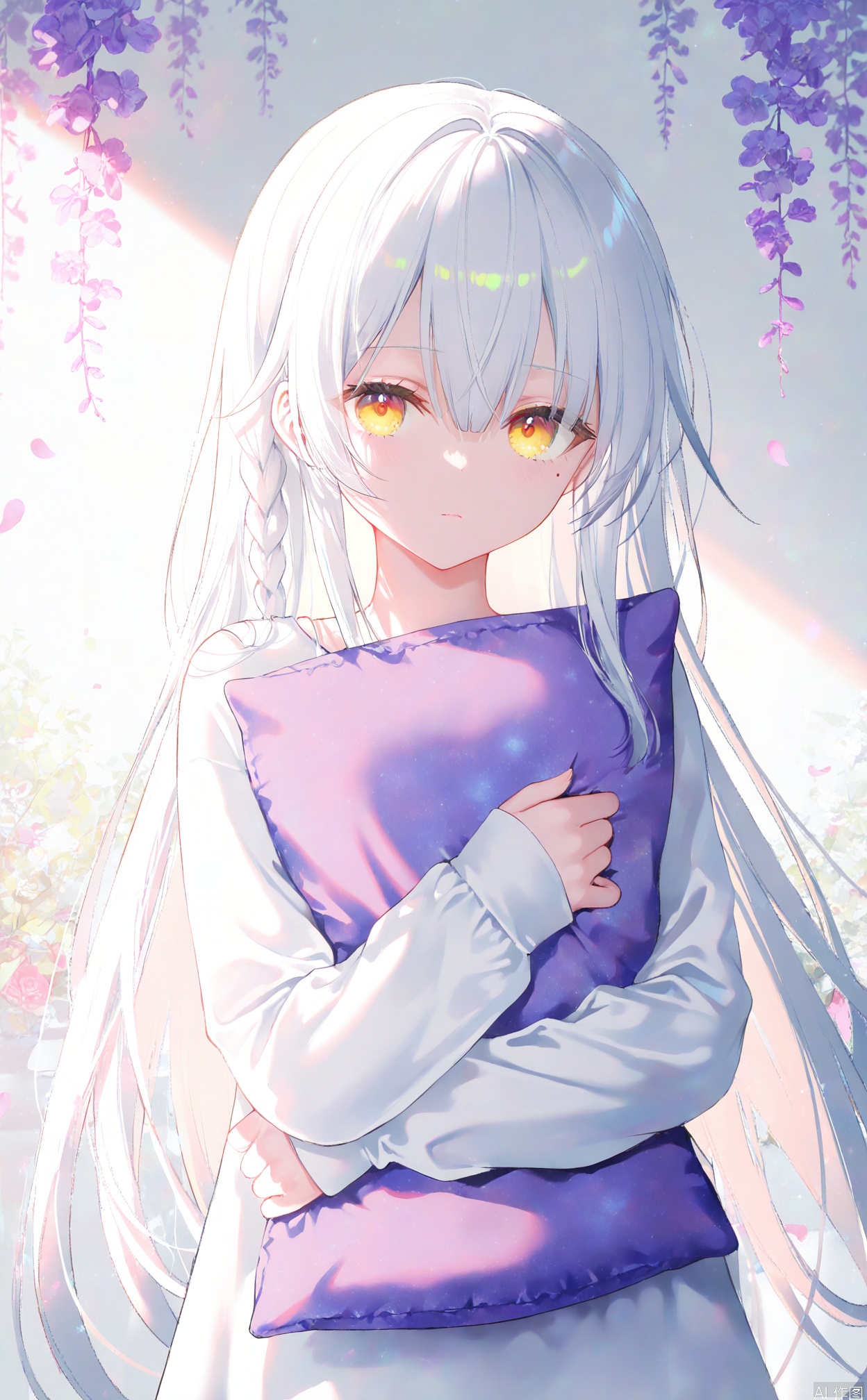 masterpiece,very aware,highres,absurdres,newest,best quality,high quality,loli,petite,chromatic_aberration,
//,
1girl,solo,long_hair,object_hug,pillow_hug,pillow,bangs,long_sleeves,closed_mouth,very_long_hair,hair_between_eyes,upper_body,looking_at_viewer,sleeves_past_wrists,masterpiece,best quality,high quality,(colorful),nai3 Style,loli,white background,Dundar effect,a lot of purple vines,vines covering half of the painting,delicate plant details,a girl,petite girl,sad eyes,light,figure light,petals,purple filter,left,fog,dream,unreal,Blur,float light,mole,single_braid,
//,
year_2023,year_2024,nasii:0.4),(toosaka asagi:0.4),(atdan:0.4),(iumu:0.72),(wlop:0.72),96YOTTEA,Konya Karasue,omone_hokoma_agm,
//,
official art,depth of field,detailed light,blurry background,best shadow,shiny skin,cinematic lighting,ray tracing,
amazing quality,very aesthetic,absurdres,beast quality,ultra detailed,newest,8K,HDR,